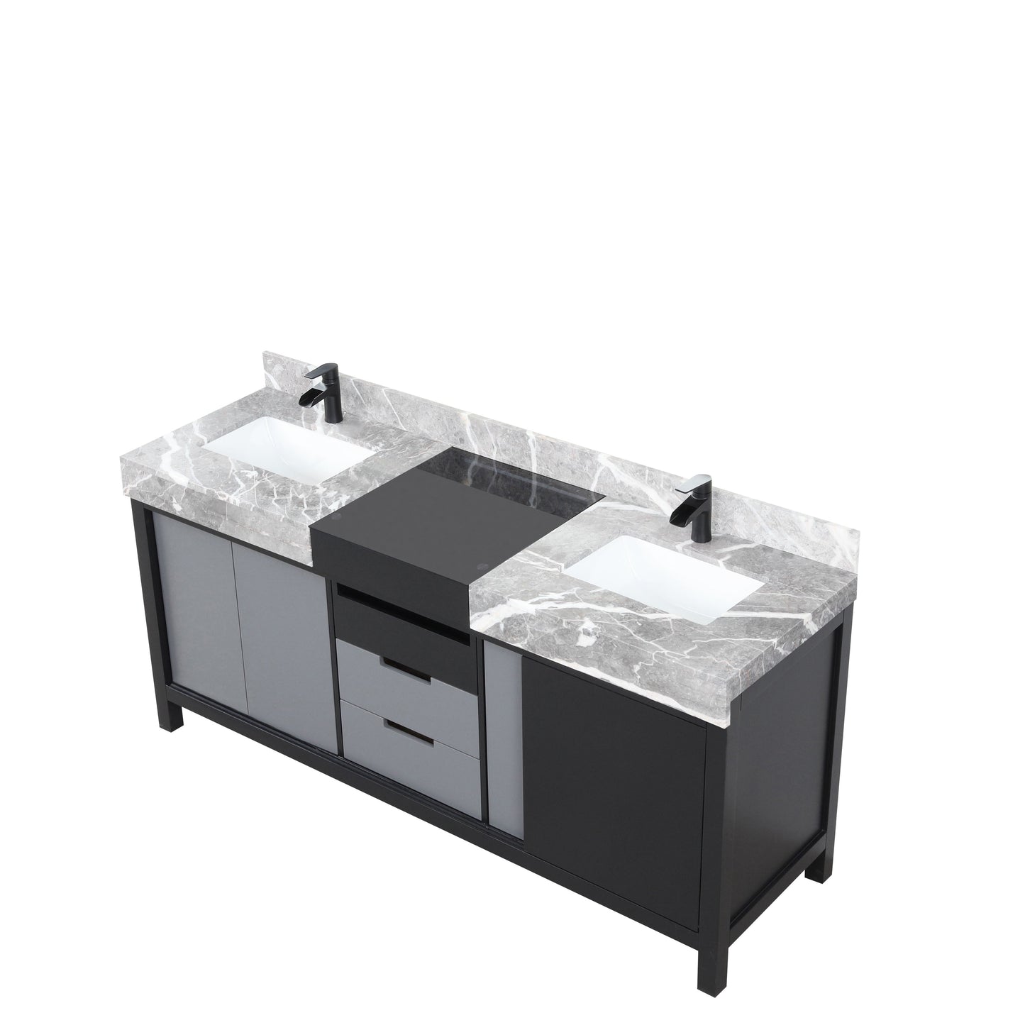 Zilara 72 in. Black and Grey  Freestanding Bathroom Vanity With Castle Grey Marble Tops, White Square Sinks, and Cascata Nera Matte Black Faucet Set