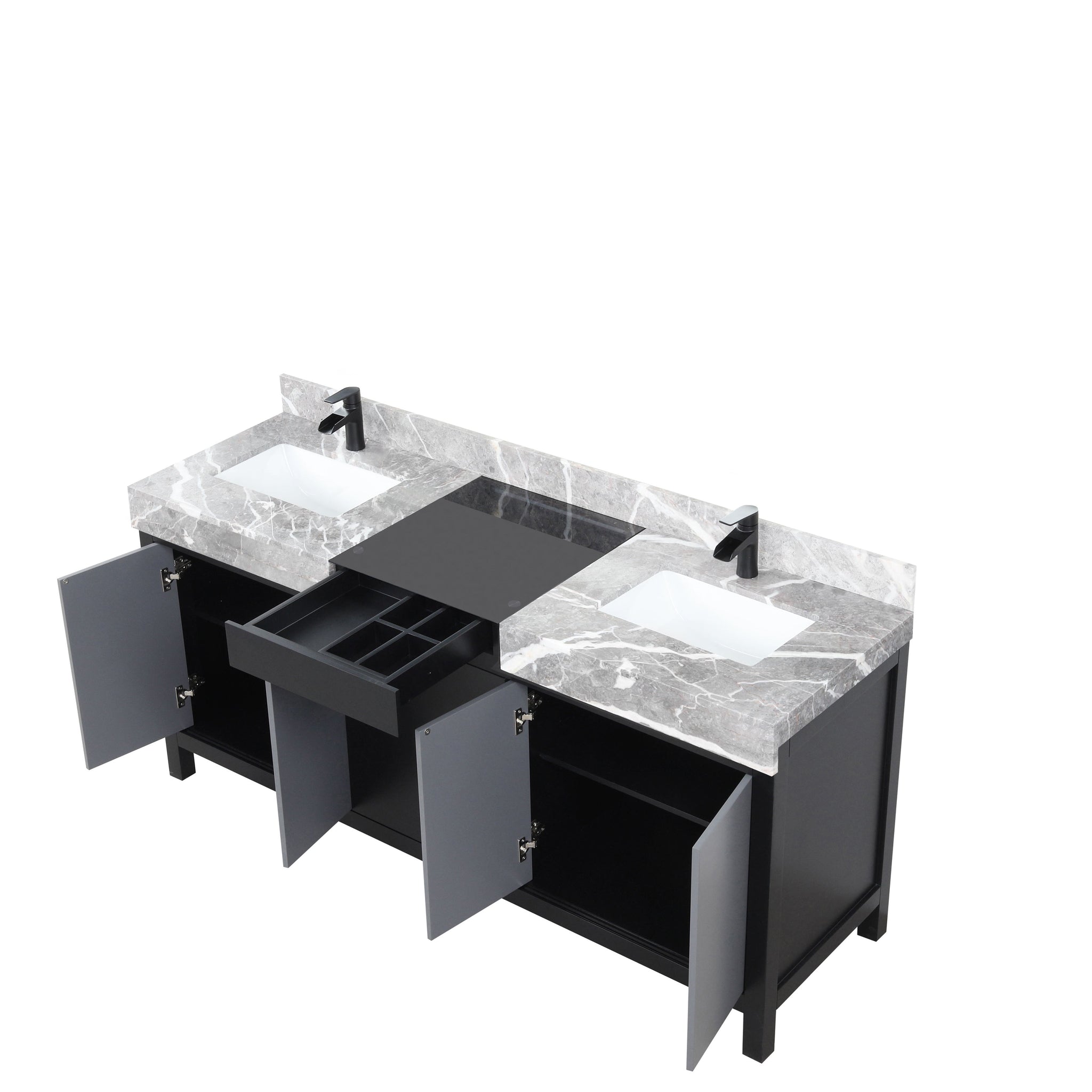 Zilara 72 in. Black and Grey  Freestanding Bathroom Vanity With Castle Grey Marble Tops, White Square Sinks, and Cascata Nera Matte Black Faucet Set