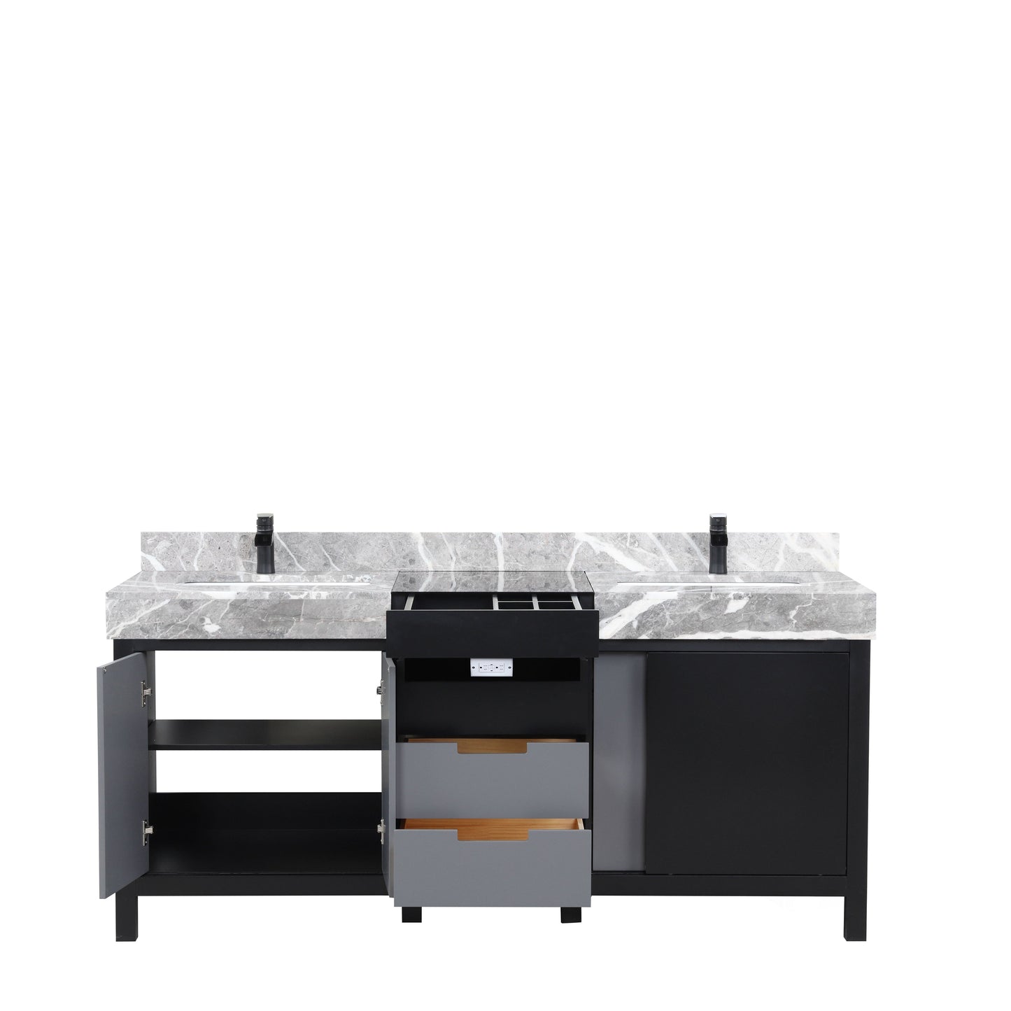 Zilara 72 in. Black and Grey  Freestanding Bathroom Vanity With Castle Grey Marble Tops, White Square Sinks, and Cascata Nera Matte Black Faucet Set