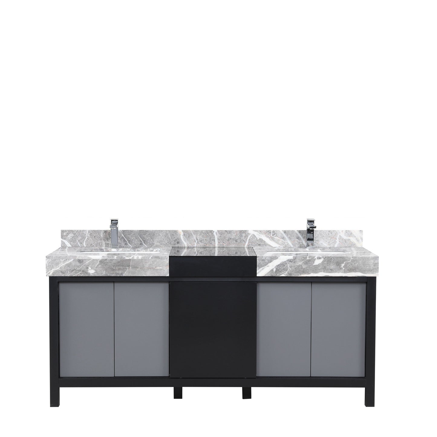 Zilara 72 in. Black and Grey  Freestanding Bathroom Vanity With Castle Grey Marble Tops, White Square Sinks, and Monte Chrome Faucet Set
