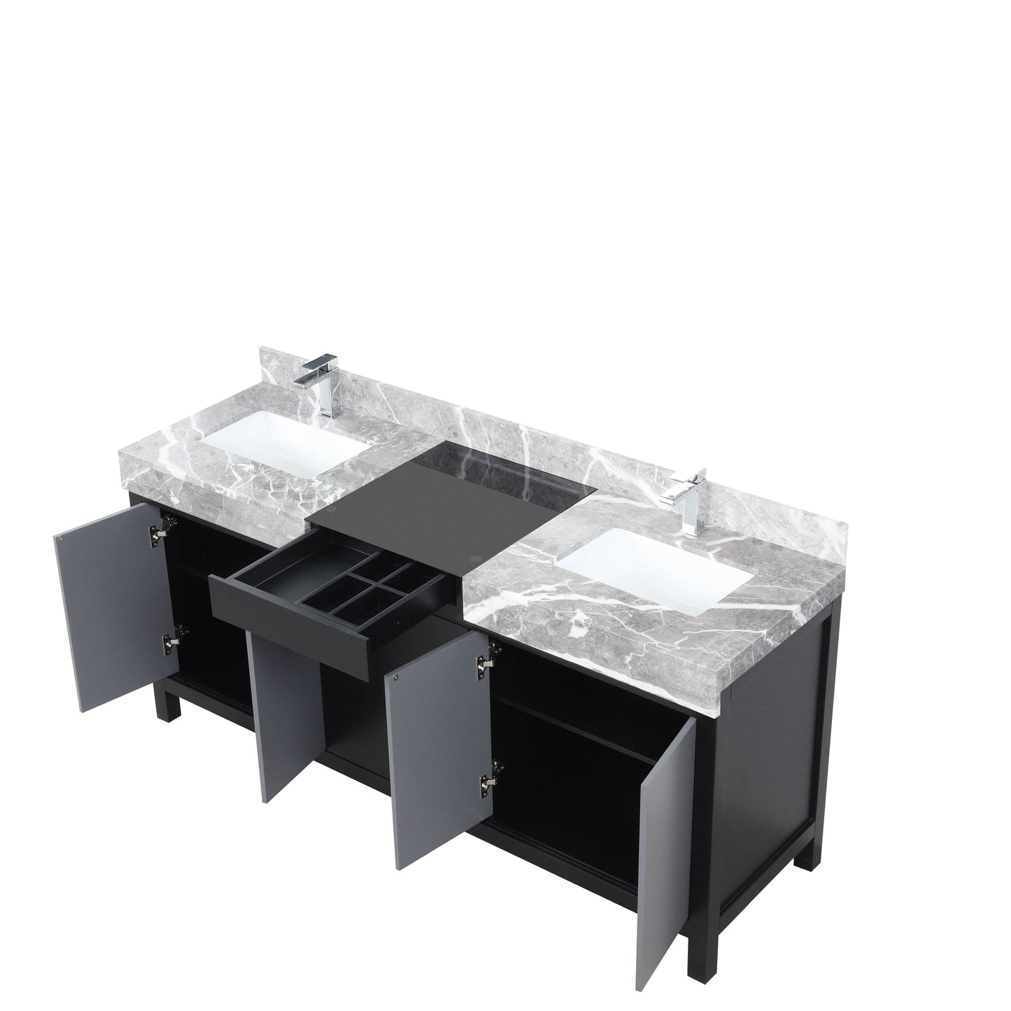 Zilara 72 in. Black and Grey  Freestanding Bathroom Vanity With Castle Grey Marble Tops, White Square Sinks, and Monte Chrome Faucet Set