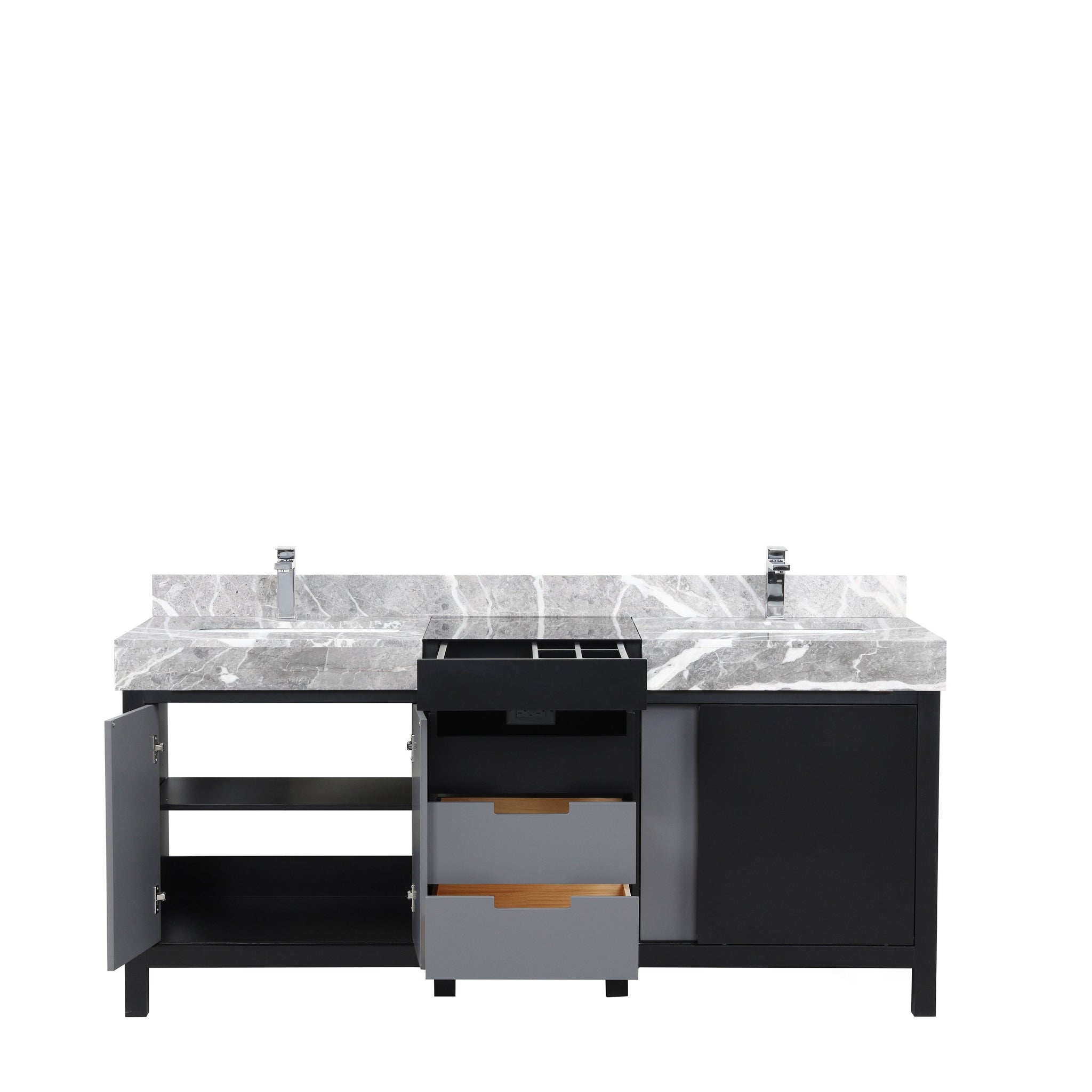 Zilara 72 in. Black and Grey  Freestanding Bathroom Vanity With Castle Grey Marble Tops, White Square Sinks, and Monte Chrome Faucet Set