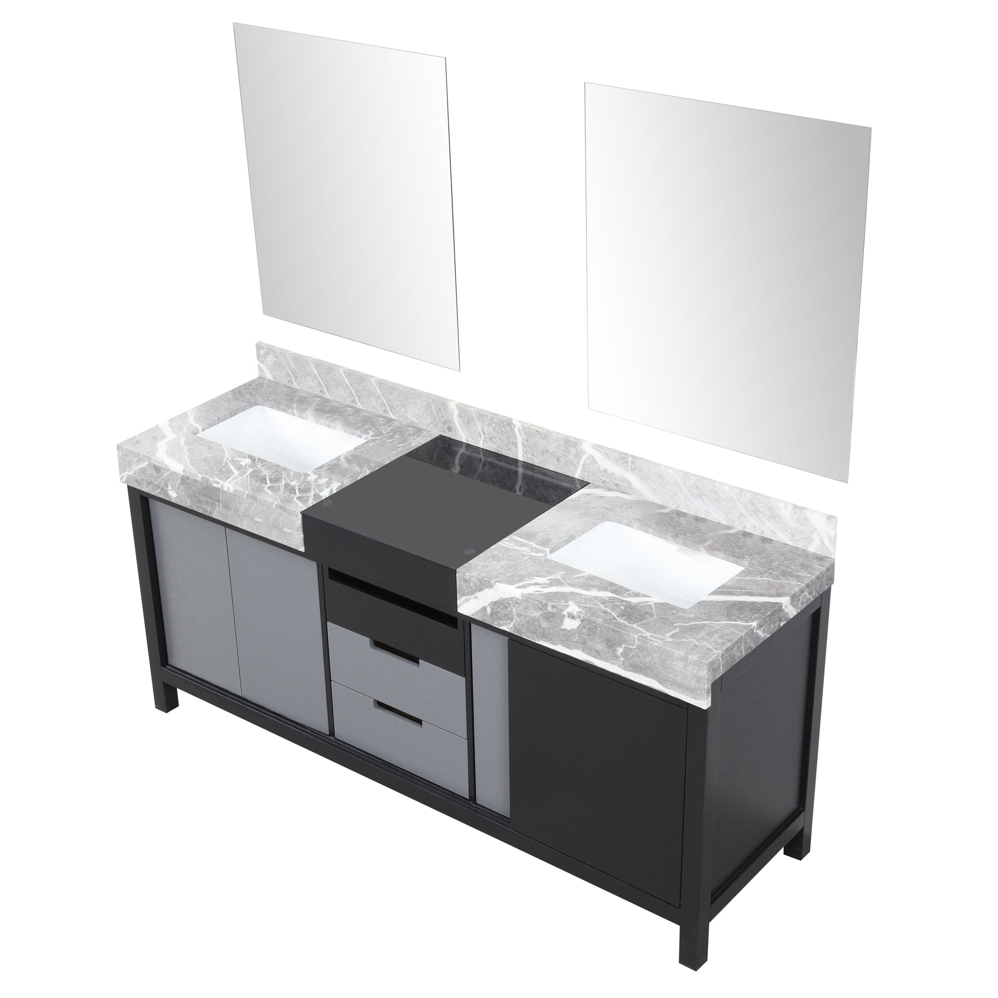 Zilara 72" Black and Grey Double Vanity, Castle Grey Marble Tops, White Square Sinks, and 28" Frameless Mirrors