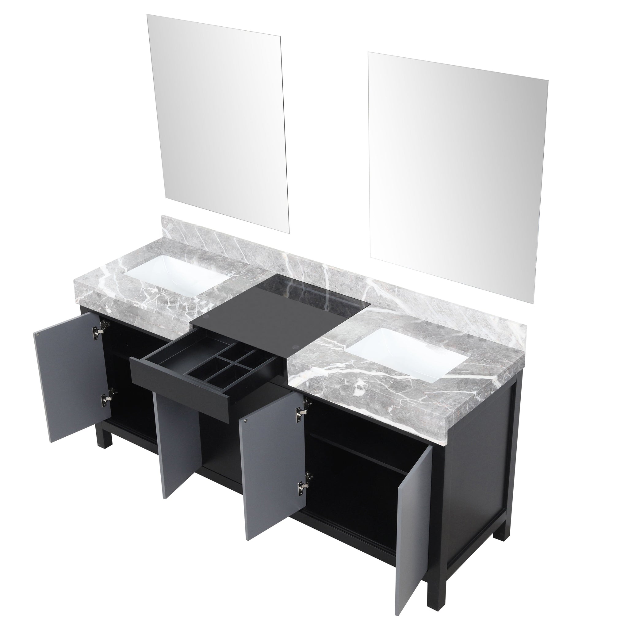 Zilara 72" Black and Grey Double Vanity, Castle Grey Marble Tops, White Square Sinks, and 28" Frameless Mirrors