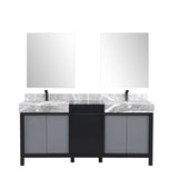 Zilara 72" Black and Grey Double Vanity, Castle Grey Marble Tops, White Square Sinks, Balzani Gun Metal Faucet Set, and 28" Frameless Mirrors