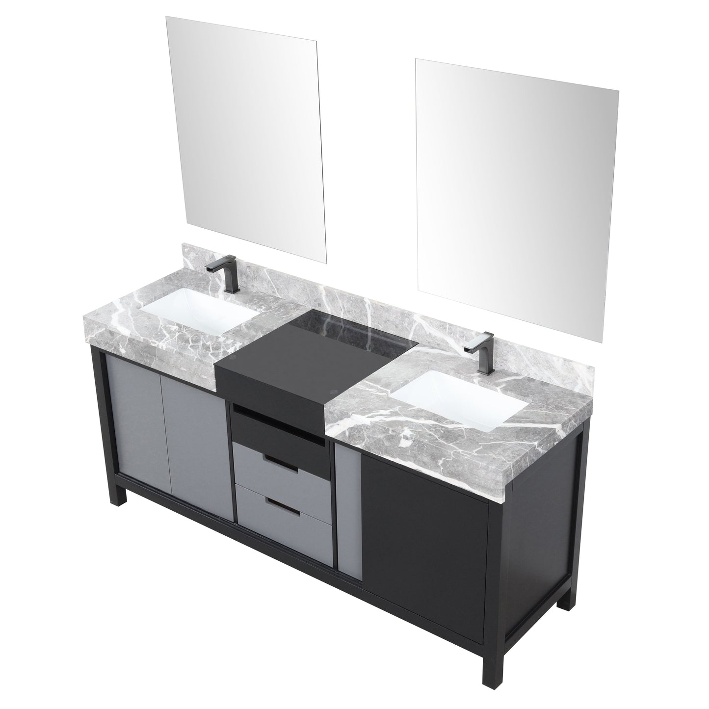 Zilara 72" Black and Grey Double Vanity, Castle Grey Marble Tops, White Square Sinks, Balzani Gun Metal Faucet Set, and 28" Frameless Mirrors
