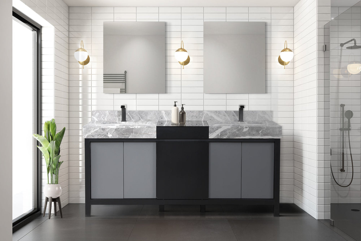 Zilara 72 in. Black and Grey  Freestanding Bathroom Vanity With Castle Grey Marble Tops, White Square Sinks, and Balzani Gun Metal Faucet Set