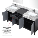 Zilara 72" Black and Grey Double Vanity, Castle Grey Marble Tops, White Square Sinks, Balzani Gun Metal Faucet Set, and 28" Frameless Mirrors