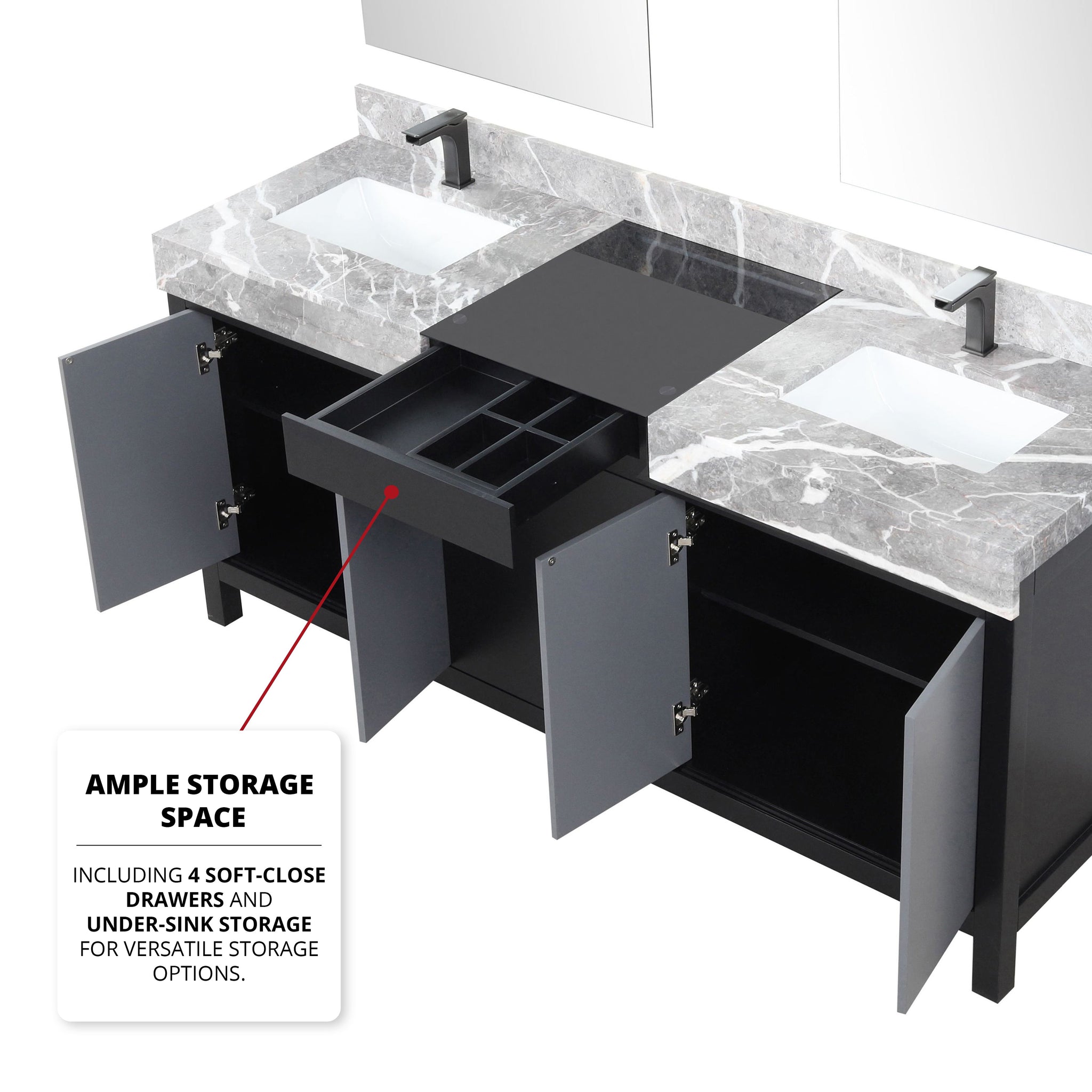 Zilara 72" Black and Grey Double Vanity, Castle Grey Marble Tops, White Square Sinks, Balzani Gun Metal Faucet Set, and 28" Frameless Mirrors