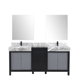 Zilara 72" Black and Grey Double Vanity, Castle Grey Marble Tops, White Square Sinks, Cascata Nera Matte Black Faucet Set, and 28" Frameless Mirrors