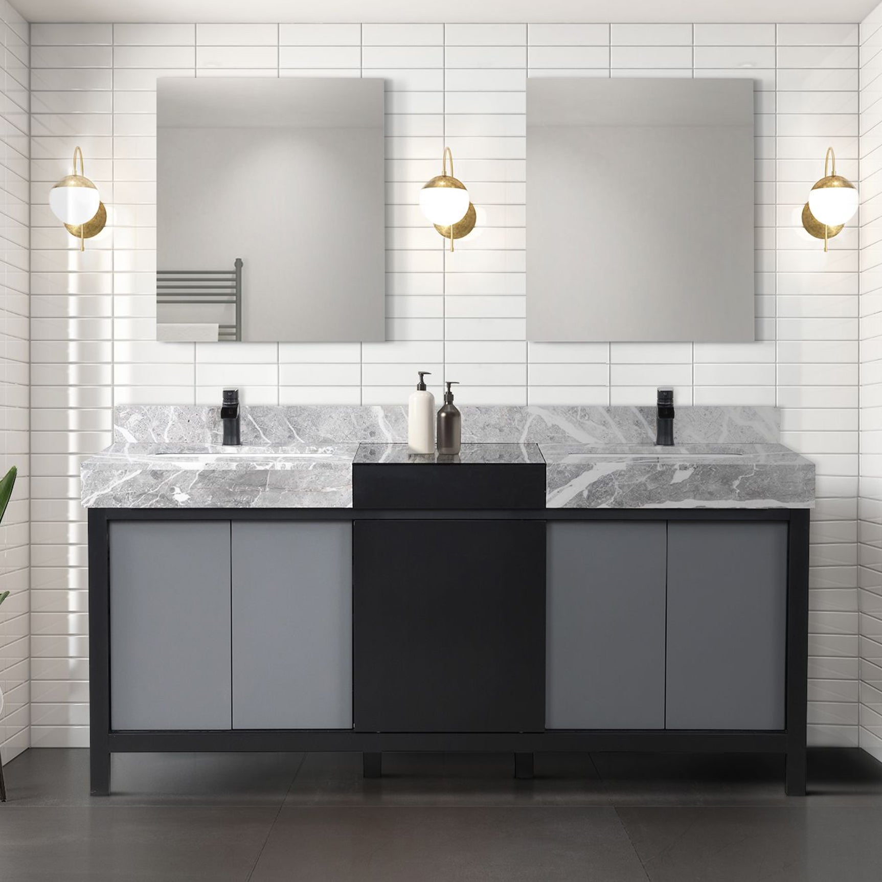 Zilara 72 in. Black and Grey  Freestanding Bathroom Vanity With Castle Grey Marble Tops, White Square Sinks, and Cascata Nera Matte Black Faucet Set