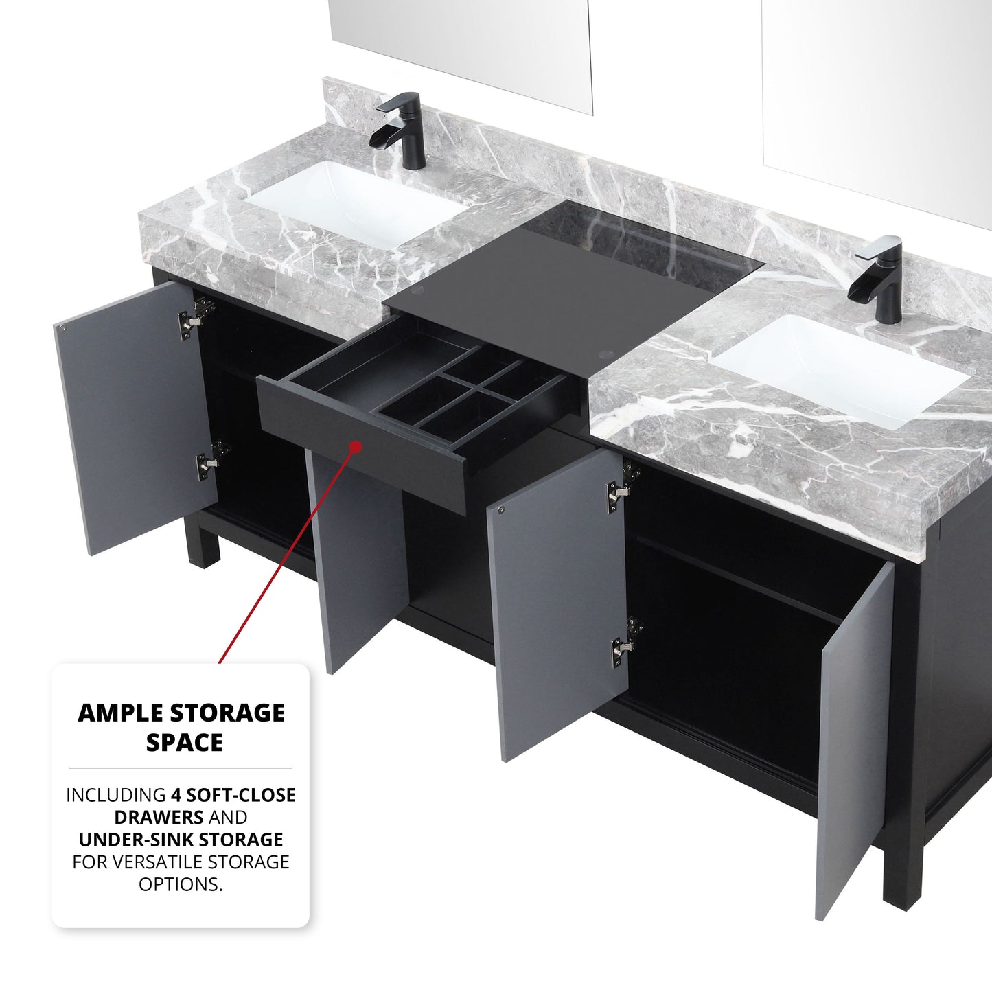 Zilara 72" Black and Grey Double Vanity, Castle Grey Marble Tops, White Square Sinks, Cascata Nera Matte Black Faucet Set, and 28" Frameless Mirrors