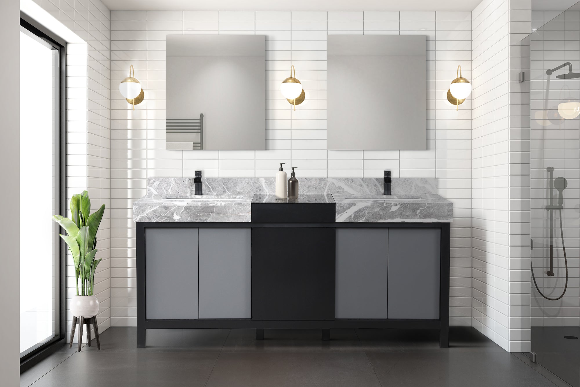 Zilara 72 in. Black and Grey  Freestanding Bathroom Vanity With Castle Grey Marble Tops, and White Square Sinks
