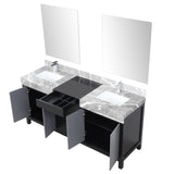 Zilara 72" Black and Grey Double Vanity, Castle Grey Marble Tops, White Square Sinks, Monte Chrome Faucet Set, and 28" Frameless Mirrors