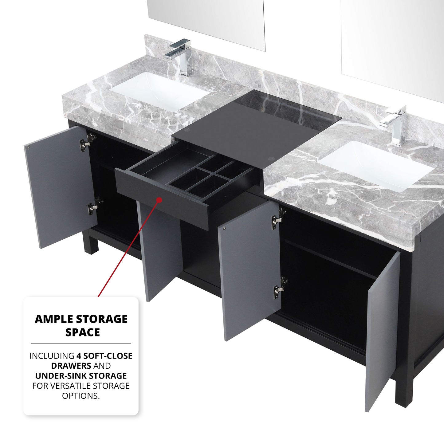 Zilara 72" Black and Grey Double Vanity, Castle Grey Marble Tops, White Square Sinks, Monte Chrome Faucet Set, and 28" Frameless Mirrors