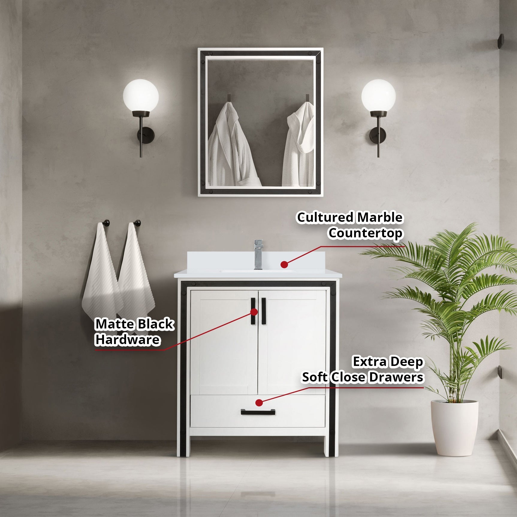 Ziva Freestanding 30 in. Freestanding Bathroom Vanity With Double Integrated Ceramic Sink, White Cultured Marble Top