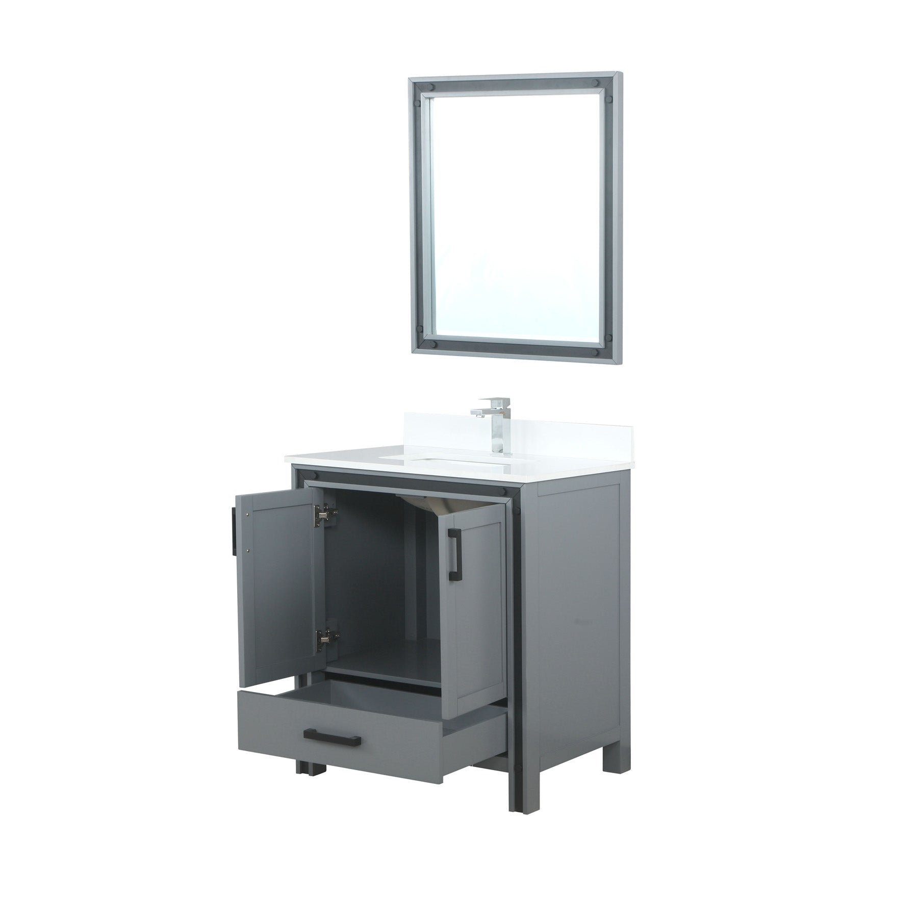 Ziva 30" Dark Grey Single Vanity, Cultured Marble Top, White Square Sink and 28" Mirror w/ Faucet