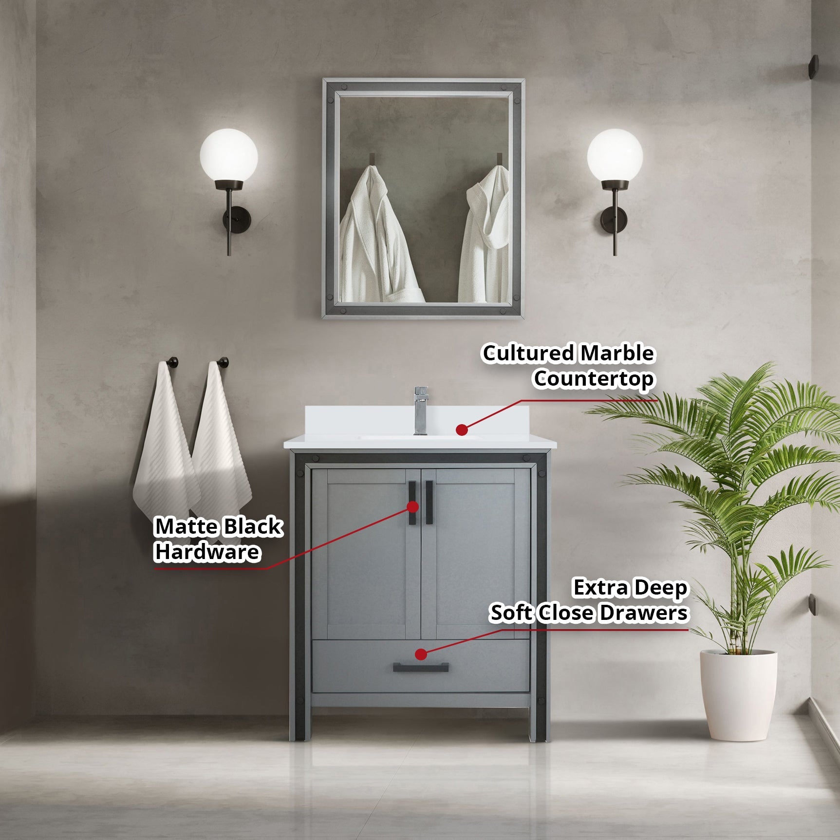 Ziva Freestanding 30 in. Freestanding Bathroom Vanity With Double Integrated Ceramic Sink, White Cultured Marble Top