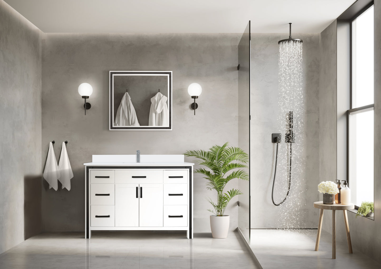 Ziva Freestanding 48 in. Freestanding Bathroom Vanity With Double Integrated Ceramic Sink, White Cultured Marble Top