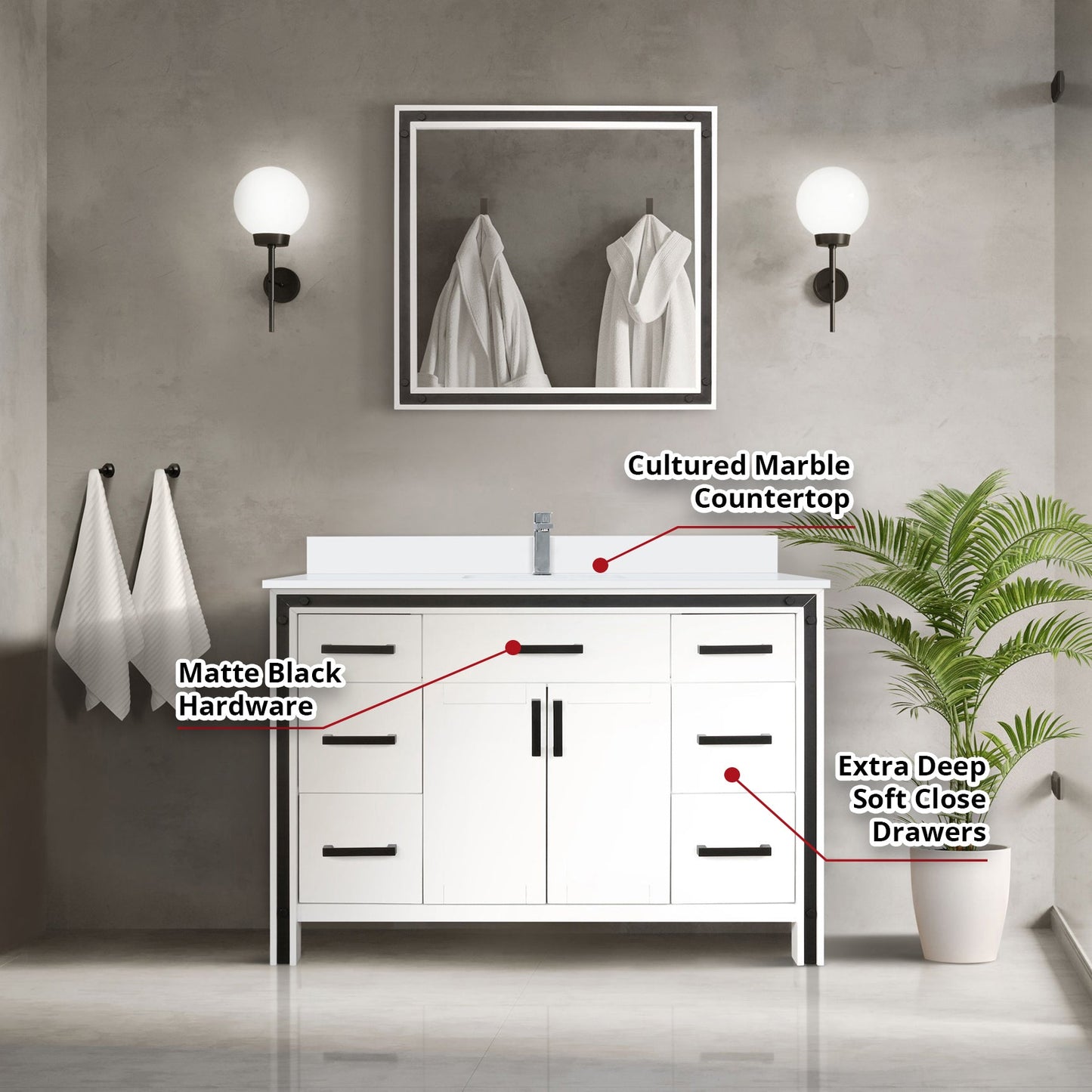 Ziva Freestanding 48 in. Freestanding Bathroom Vanity With Double Integrated Ceramic Sink, White Cultured Marble Top