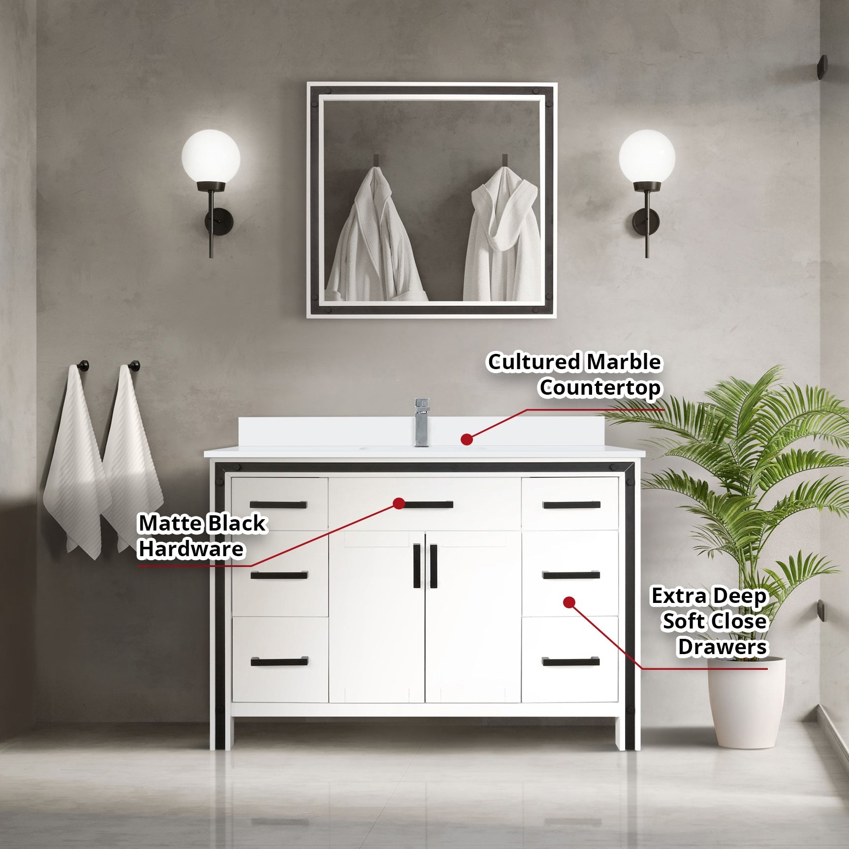 Ziva Freestanding 48 in. Freestanding Bathroom Vanity With Double Integrated Ceramic Sink, White Cultured Marble Top