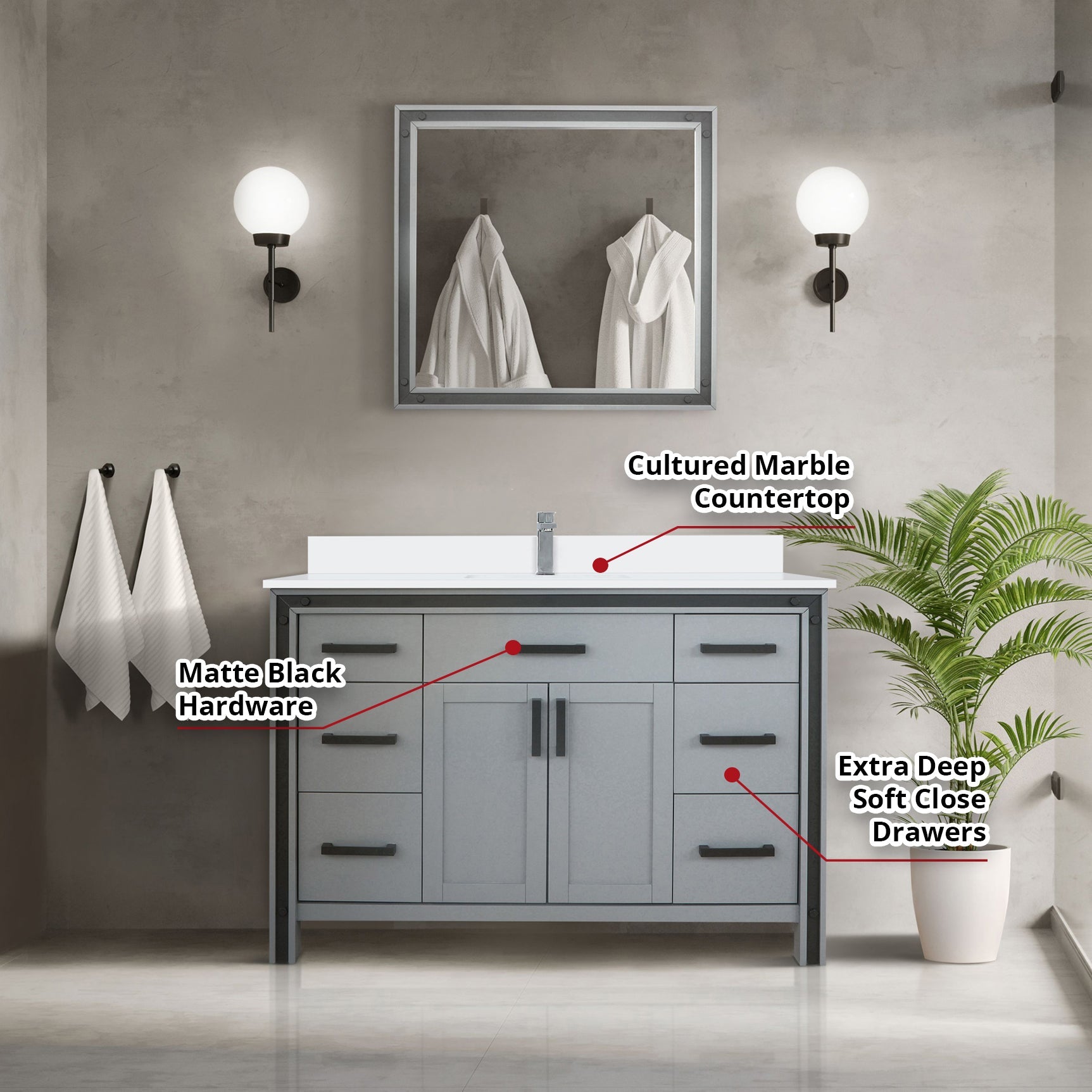 Ziva Freestanding 48 in. Freestanding Bathroom Vanity With Double Integrated Ceramic Sink, White Cultured Marble Top