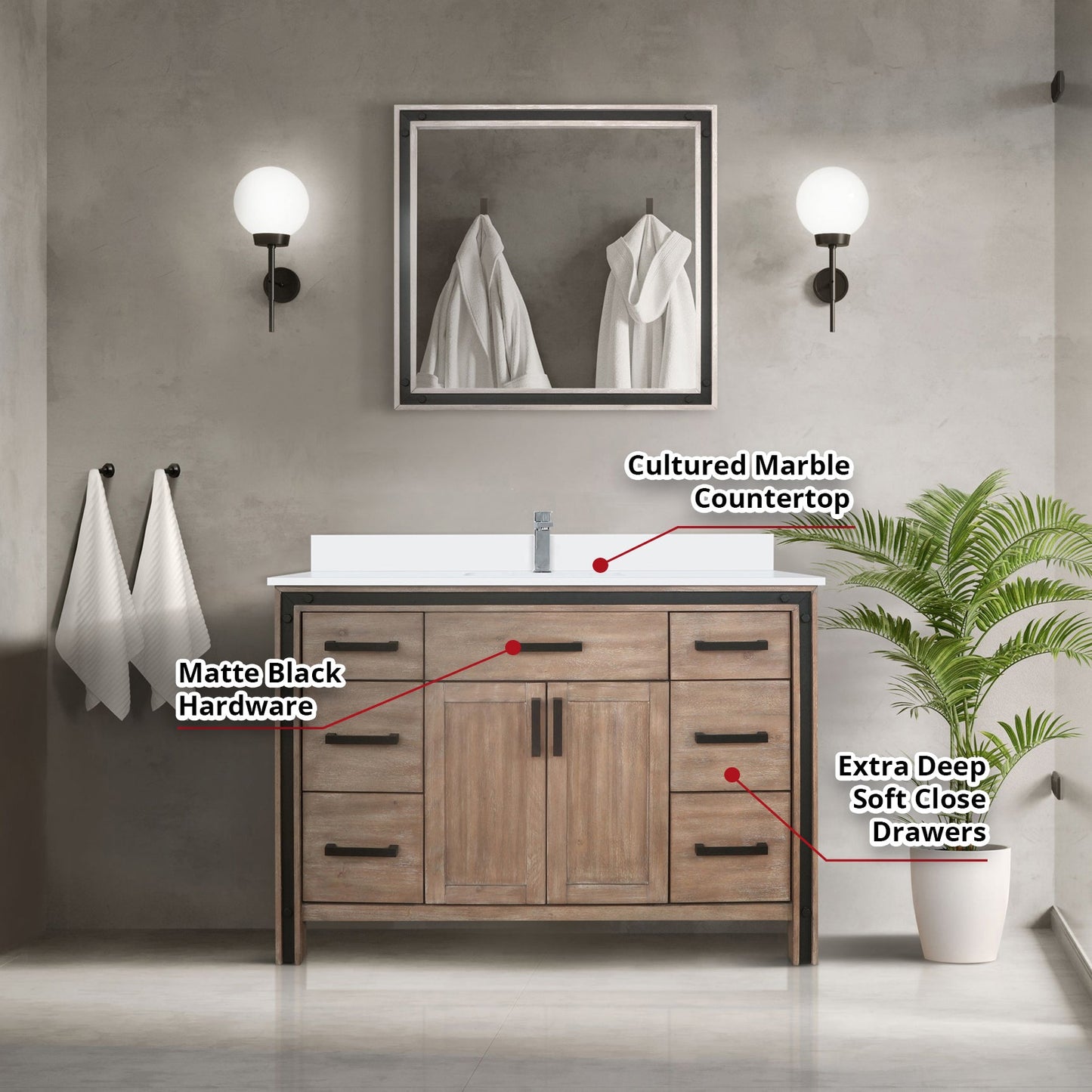 Ziva Freestanding 48 in. Freestanding Bathroom Vanity With Double Integrated Ceramic Sink, White Cultured Marble Top