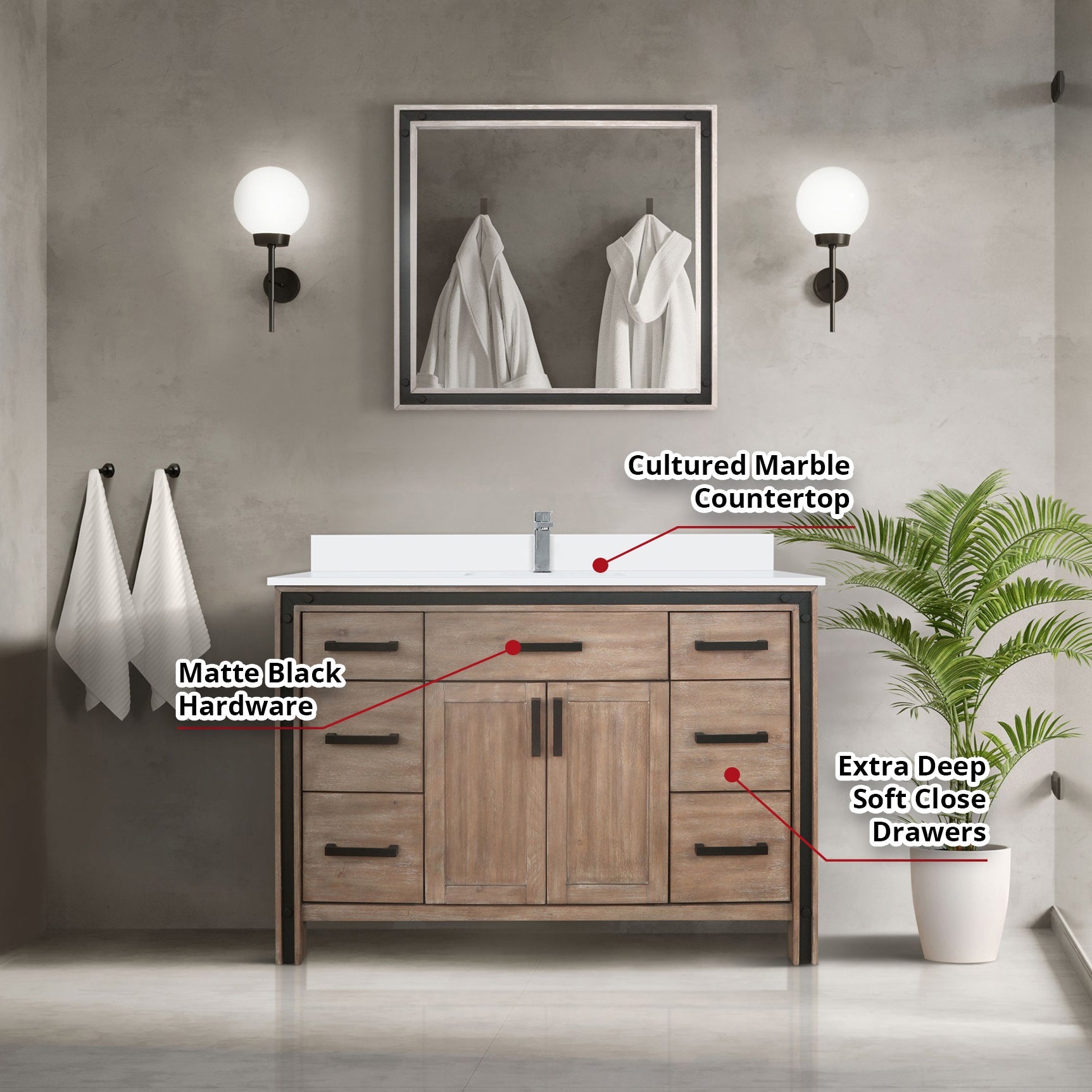 Ziva Freestanding 48 in. Freestanding Bathroom Vanity With Double Integrated Ceramic Sink, White Cultured Marble Top