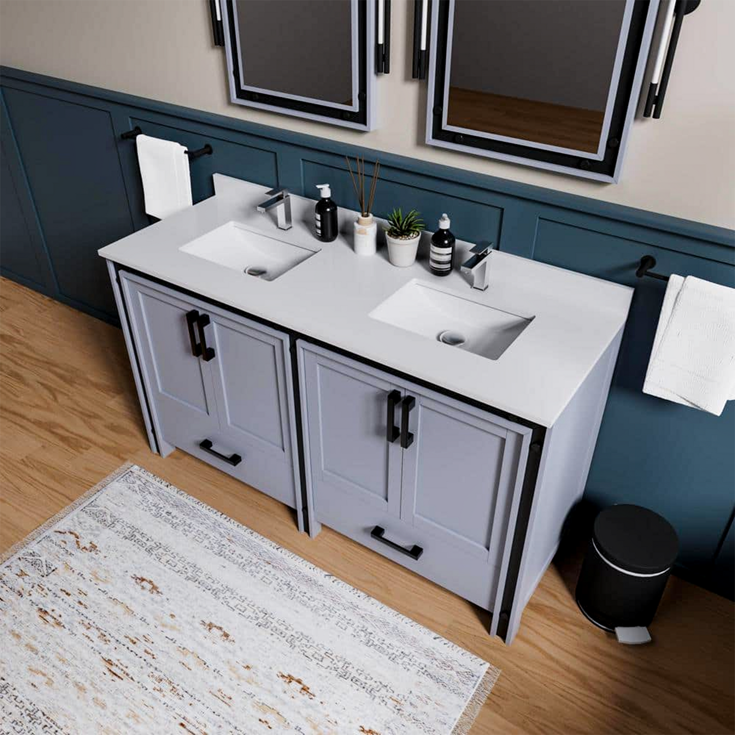 Ziva 60 in. Freestanding Bathroom Vanity With Double Integrated Ceramic Sink, White Cultured Marble Top