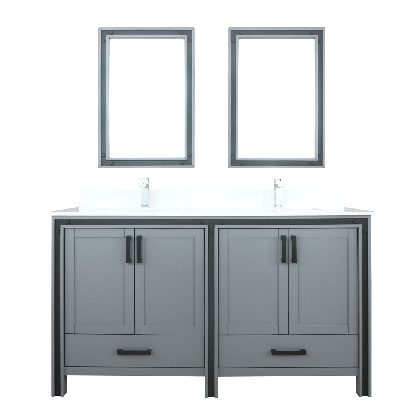 Ziva 60" Dark Grey Double Vanity, Cultured Marble Top, White Square Sink and 22" Mirrors w/ Faucet
