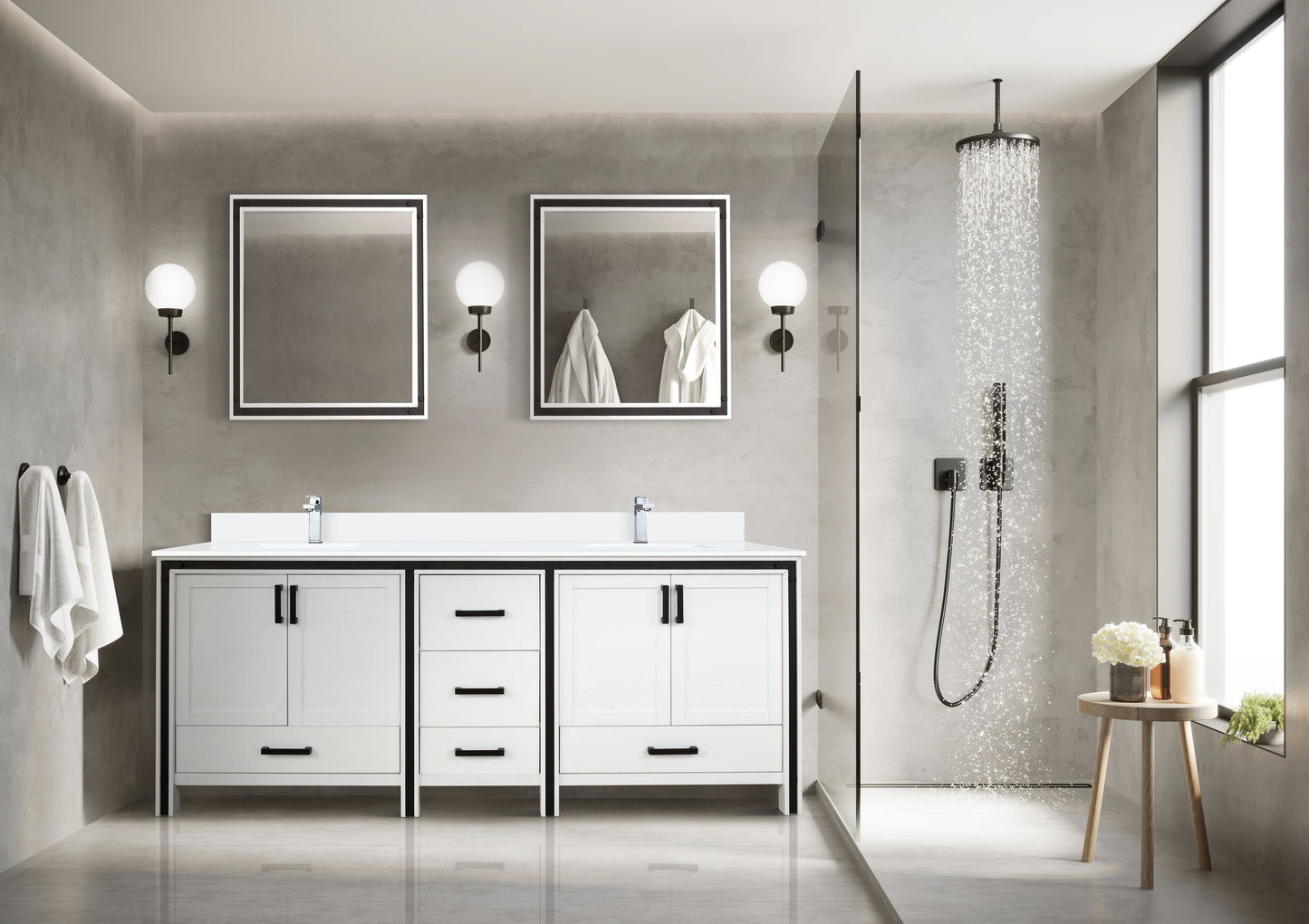 Ziva 80 in. Freestanding Bathroom Vanity With Double Integrated Ceramic Sink, White Cultured Marble Top