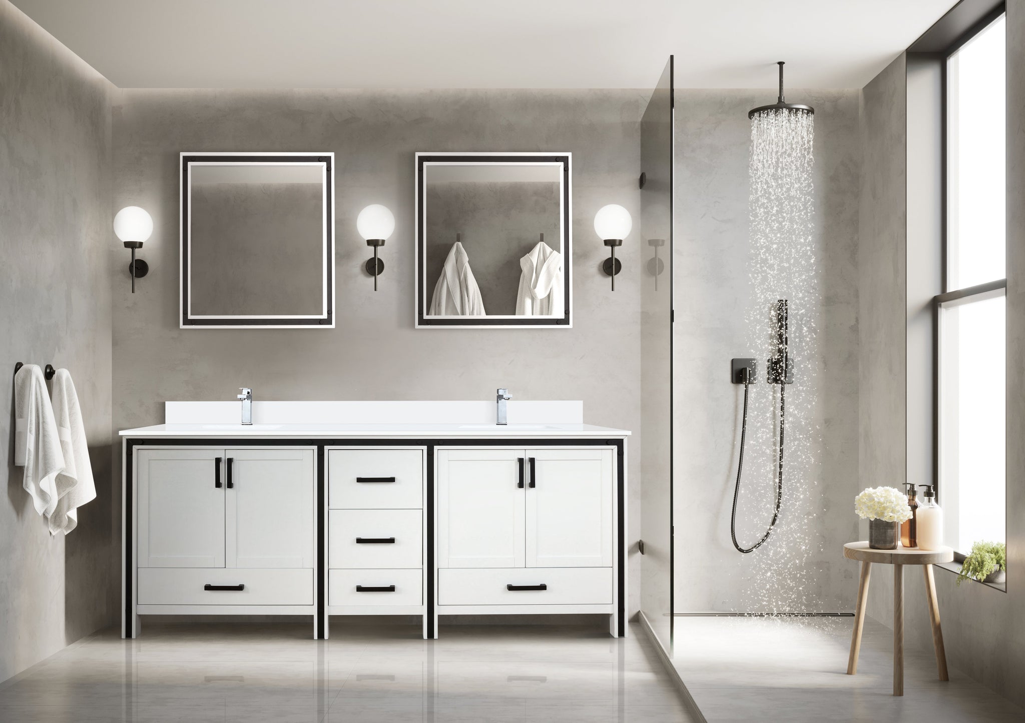 Ziva 80 in. Freestanding Bathroom Vanity With Double Integrated Ceramic Sink, White Cultured Marble Top