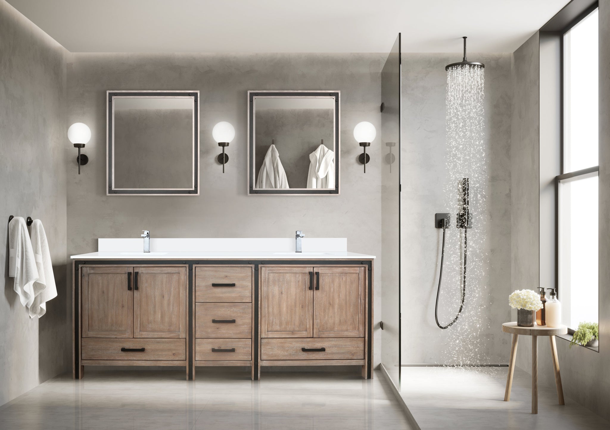 Ziva 80 in. Freestanding Bathroom Vanity With Double Integrated Ceramic Sink, White Cultured Marble Top