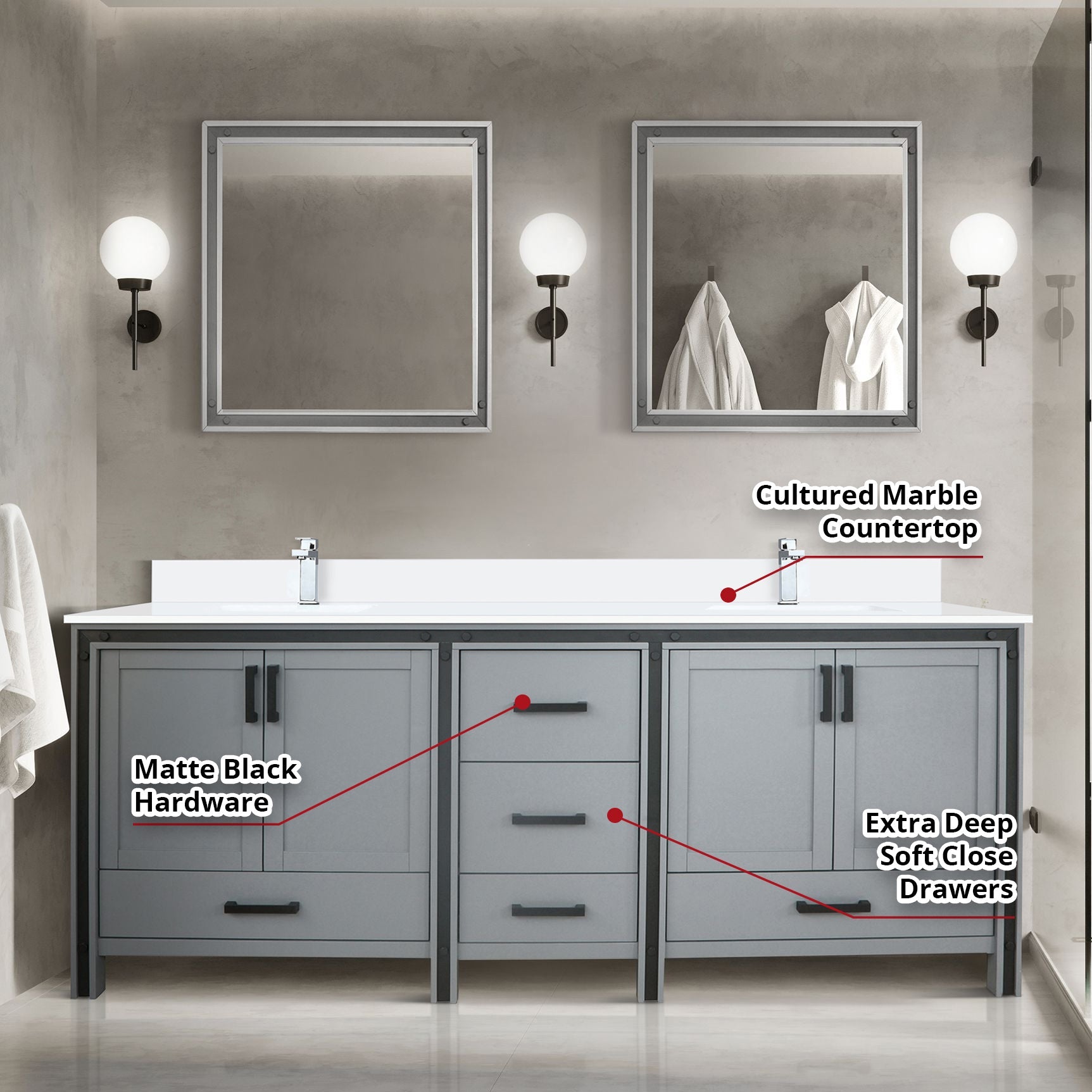 Ziva Freestanding 84 in. Freestanding Bathroom Vanity With Double Integrated Ceramic Sink, White Cultured Marble Top