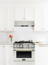 KUCHT Professional 30 in. 4.2 cu. ft. Dual Fuel Range for Propane Gas with Sealed Burners and Convection Oven in Stainless Steel with White Oven Door White Knobs and Gold Knob Rings