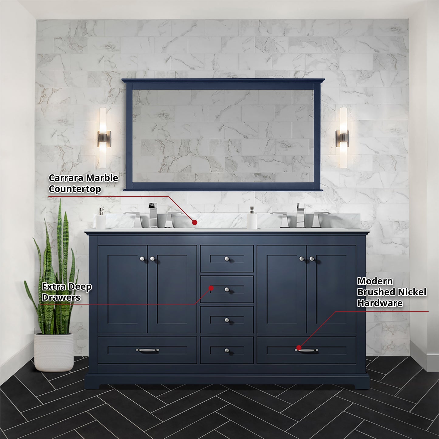 Dukes 60 in. Freestanding Bathroom Vanity with White Carrara Marble Top, White Square Sink