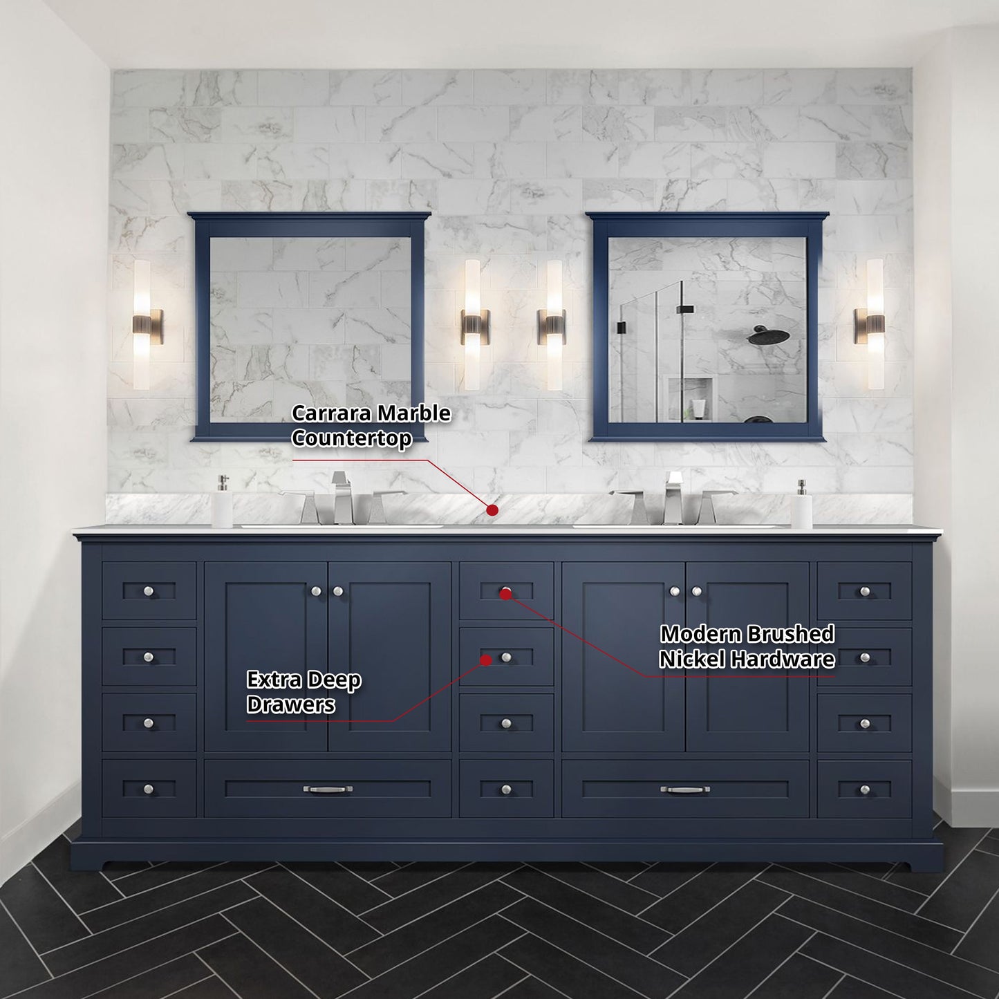 Dukes 84 in. Freestanding Bathroom Vanity with White Carrara Marble Top, White Square Sink