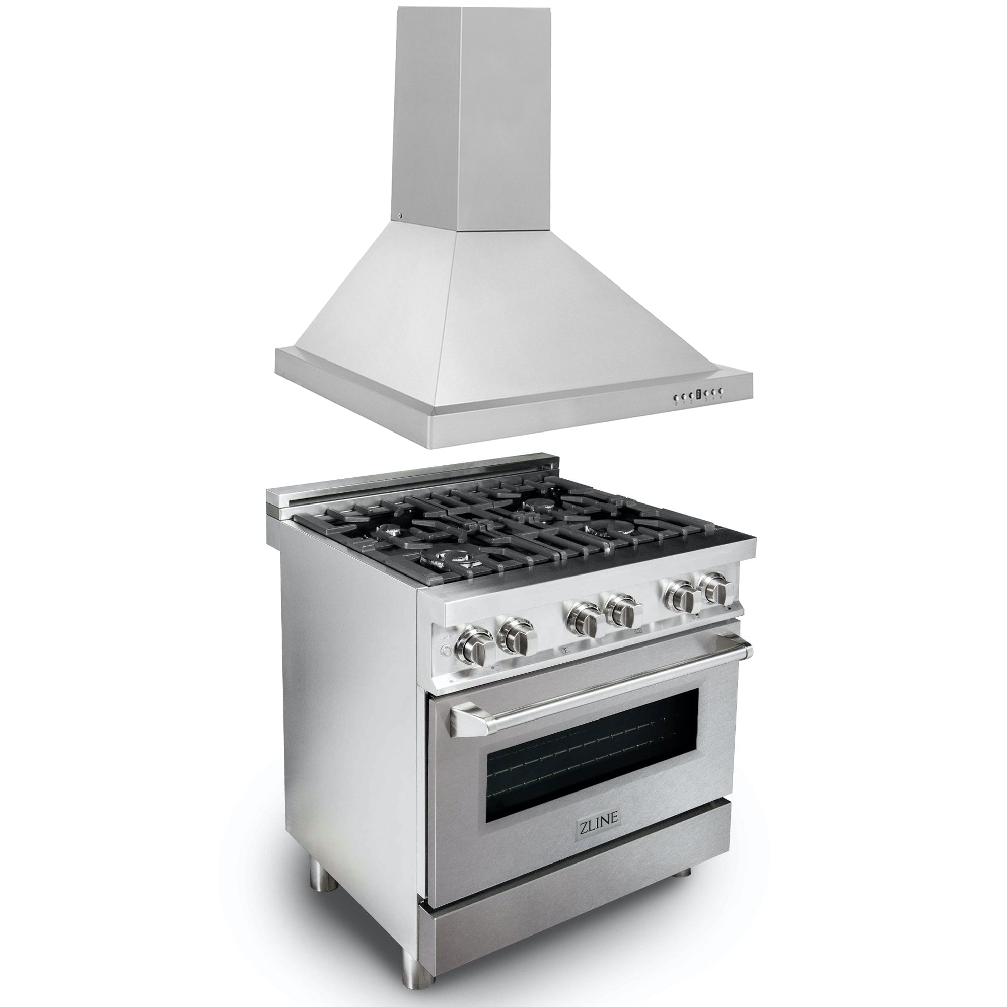 ZLINE 30 in. Kitchen Package with Satin Stainless Steel Dual Fuel Range and Convertible Vent Range Hood