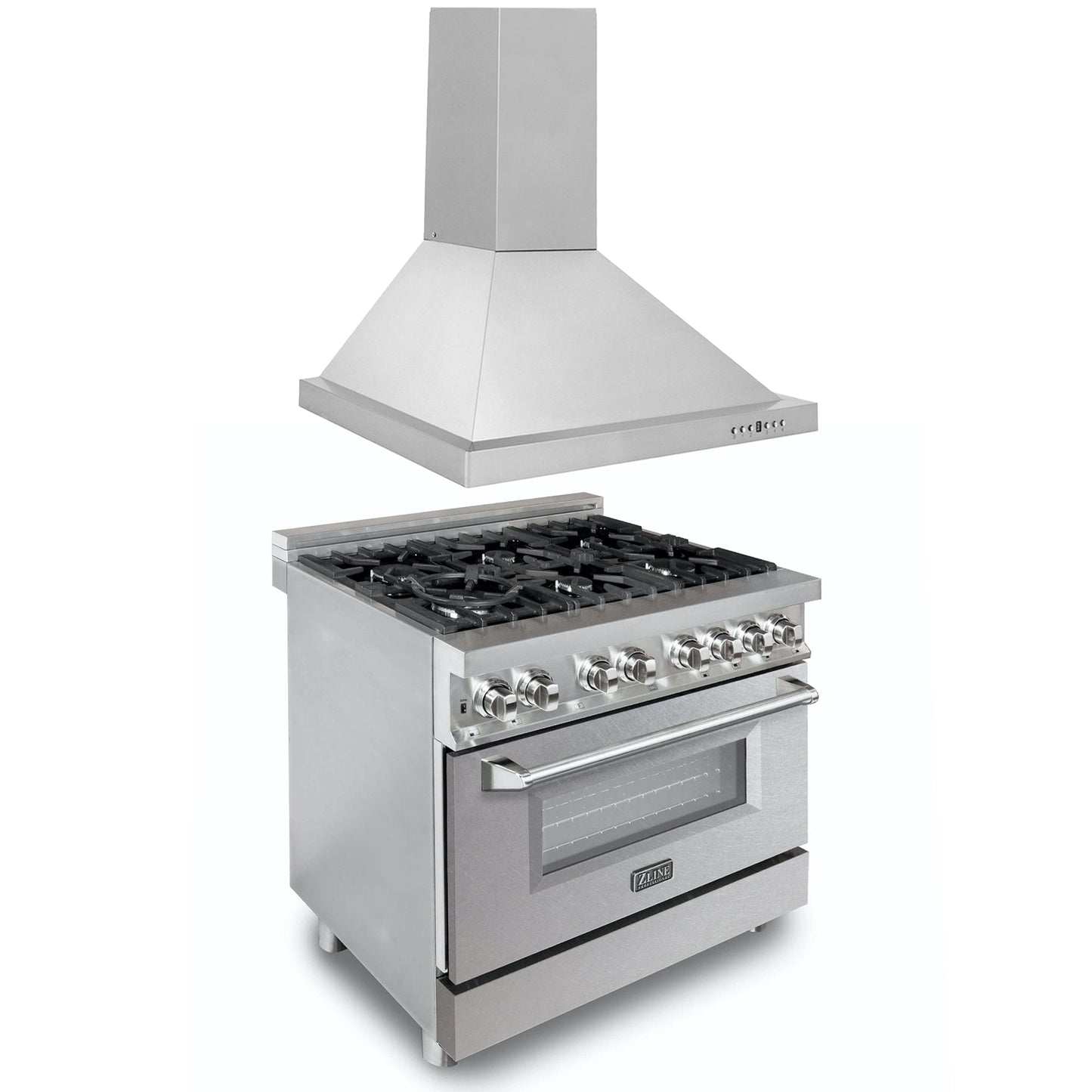 ZLINE 36 in. Kitchen Package with Satin Stainless Steel Dual Fuel Range and Convertible Vent Range Hood