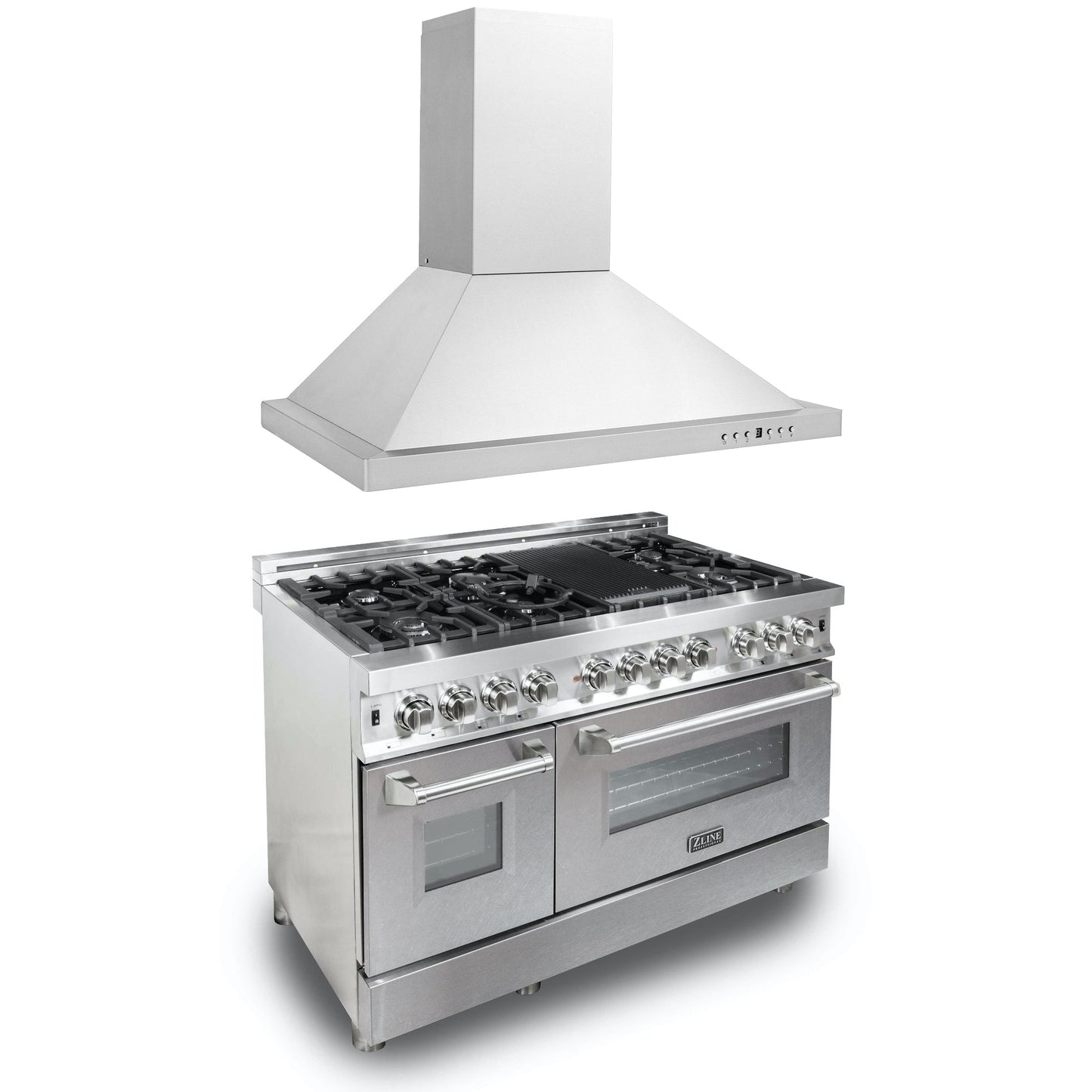 ZLINE 48 in. Kitchen Package with Satin Stainless Steel Dual Fuel Range and Convertible Vent Range Hood