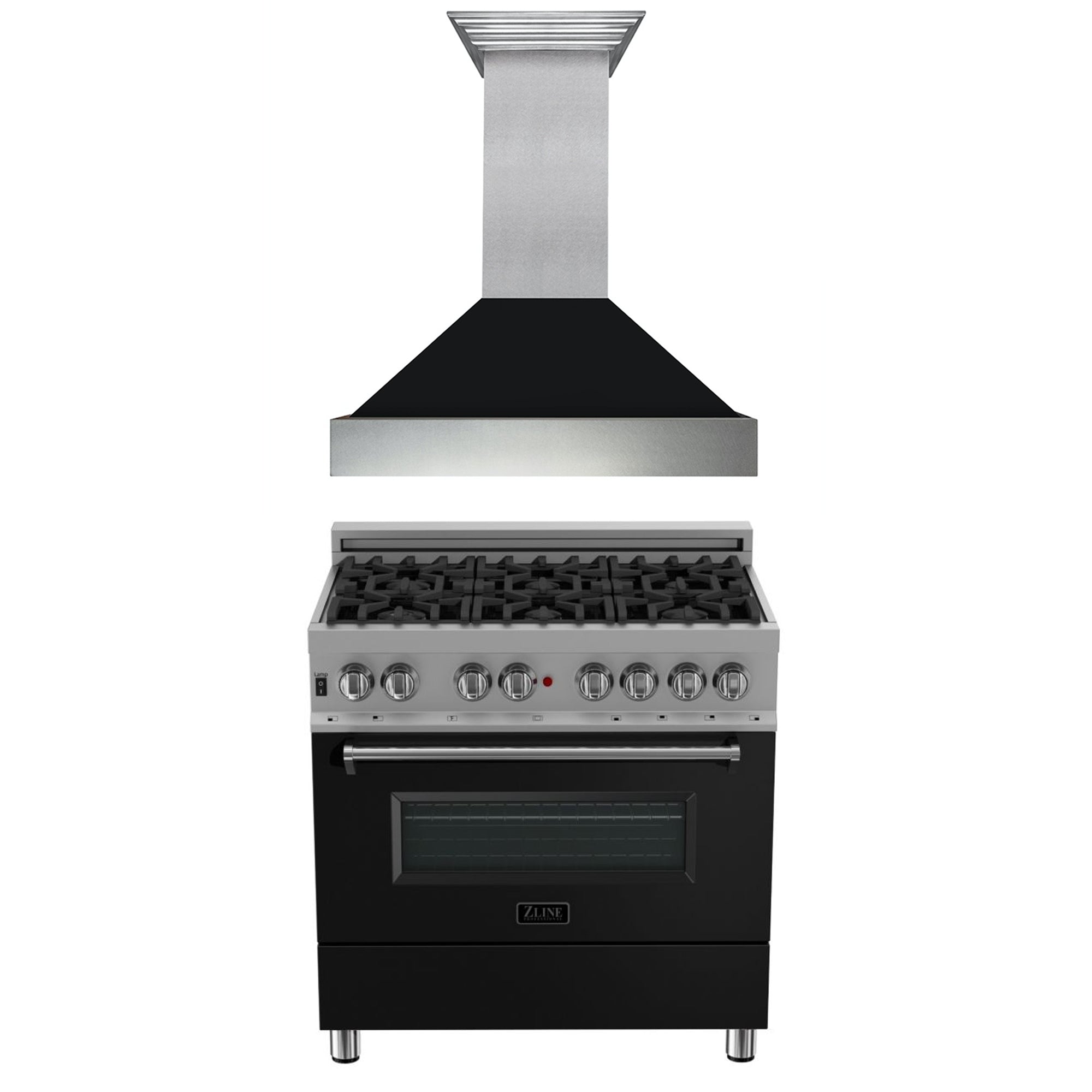 ZLINE 36 in. Kitchen Package with Satin Stainless Steel Dual Fuel Range with Black Matte Door and Convertible Vent Range Hood