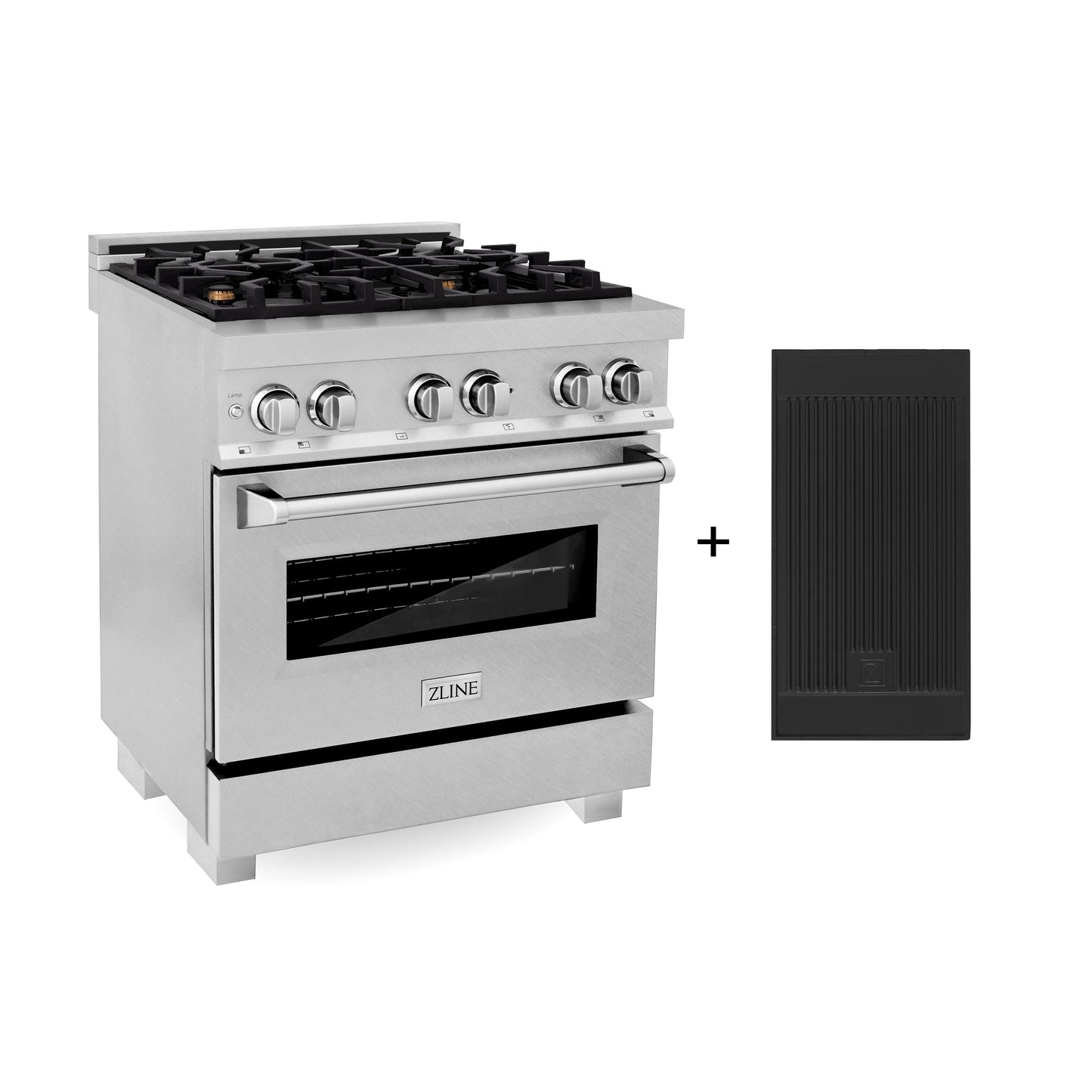 ZLINE 30 in. 4.0 cu. ft. Legacy Dual Fuel Range with Gas Cooktop and Electric Convection Oven in Satin Stainless Steel with 4 Brass Burners and Griddle (RAS-SN-BR-GR-30)