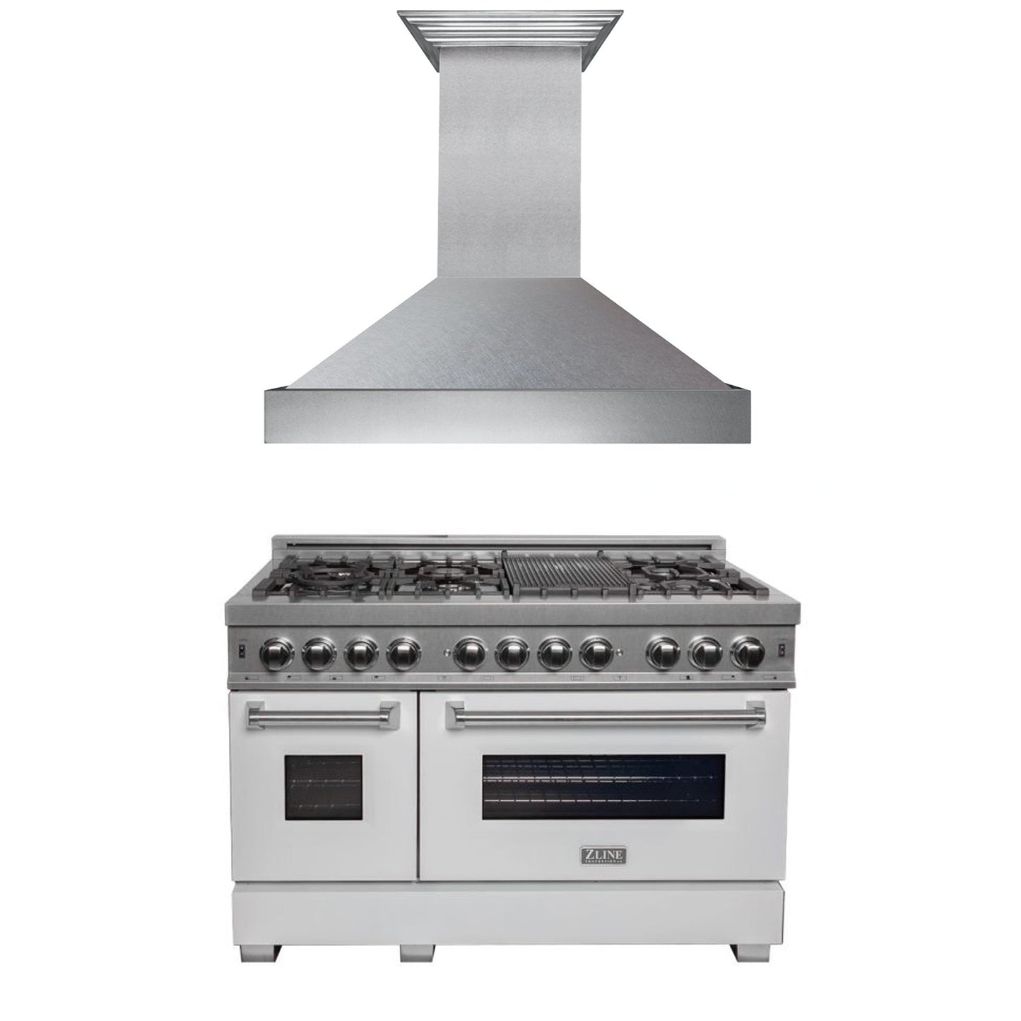 ZLINE 48 in. Kitchen Package with Satin Stainless Steel Dual Fuel Range with White Matte Door and Convertible Vent Range Hood