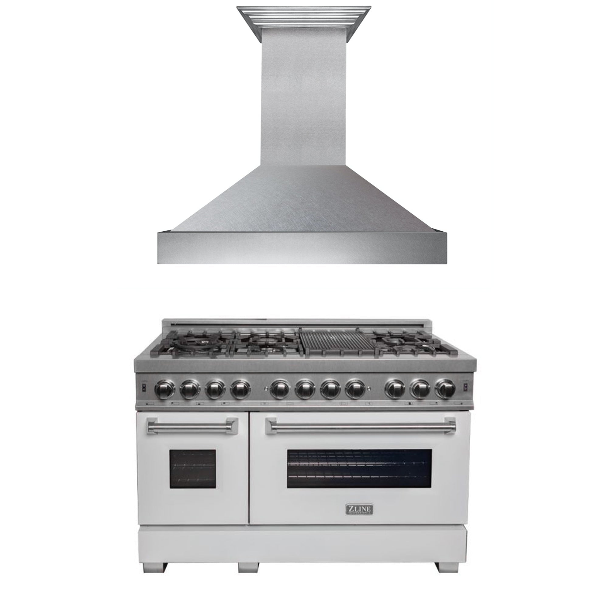 ZLINE 48 in. Kitchen Package with Satin Stainless Steel Dual Fuel Range with White Matte Door and Convertible Vent Range Hood