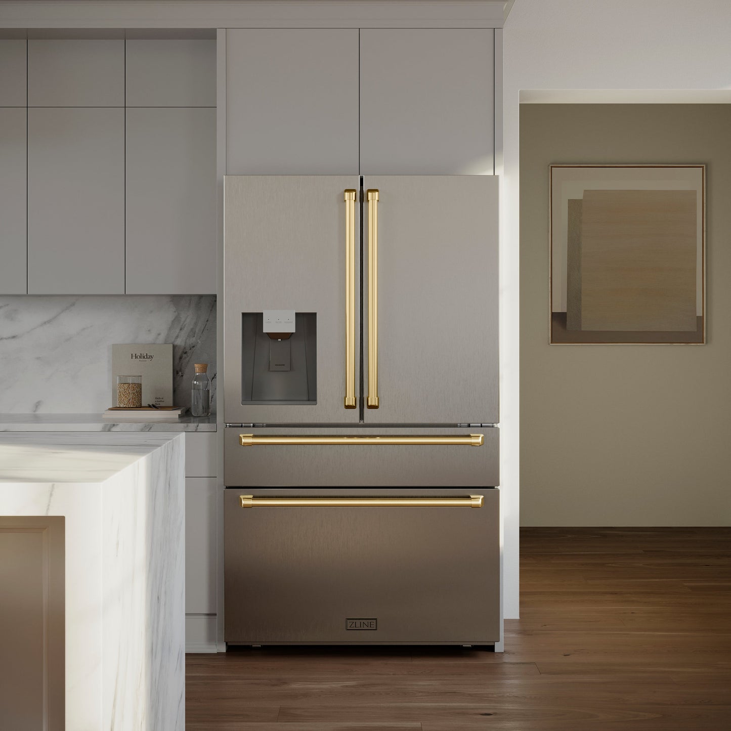ZLINE Autograph Edition 36 in. 21.6 cu. ft. Counter-Depth French Door Refrigerator with Water and Ice Dispenser in Fingerprint-Resistant Stainless Steel with Polished Gold Traditional Handles (RFMZ-W-36-G)