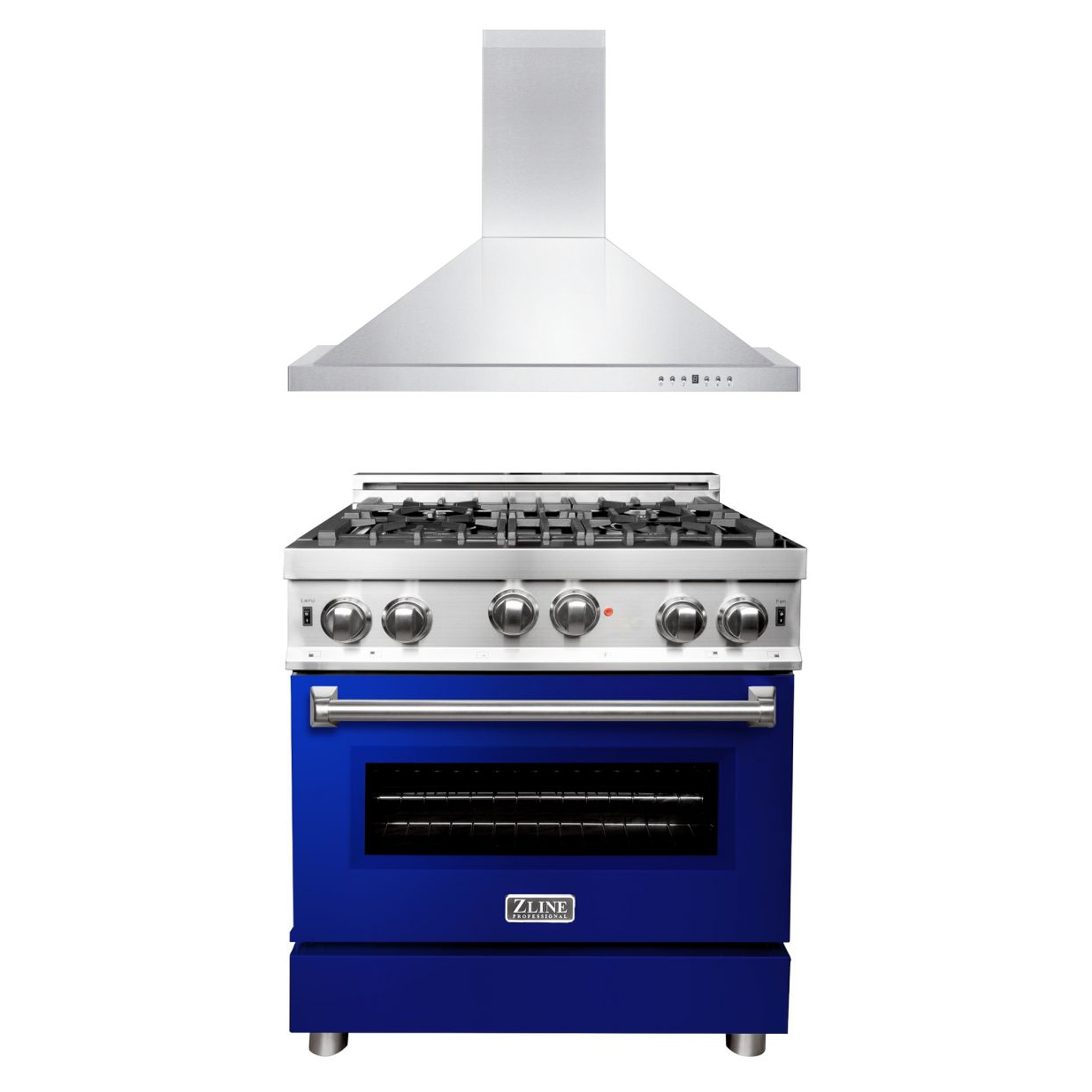 ZLINE 30 in. Kitchen Package with Stainless Steel Gas Range with Blue Gloss Door and Convertible Vent Range Hood (2KP-RGBGRH30)