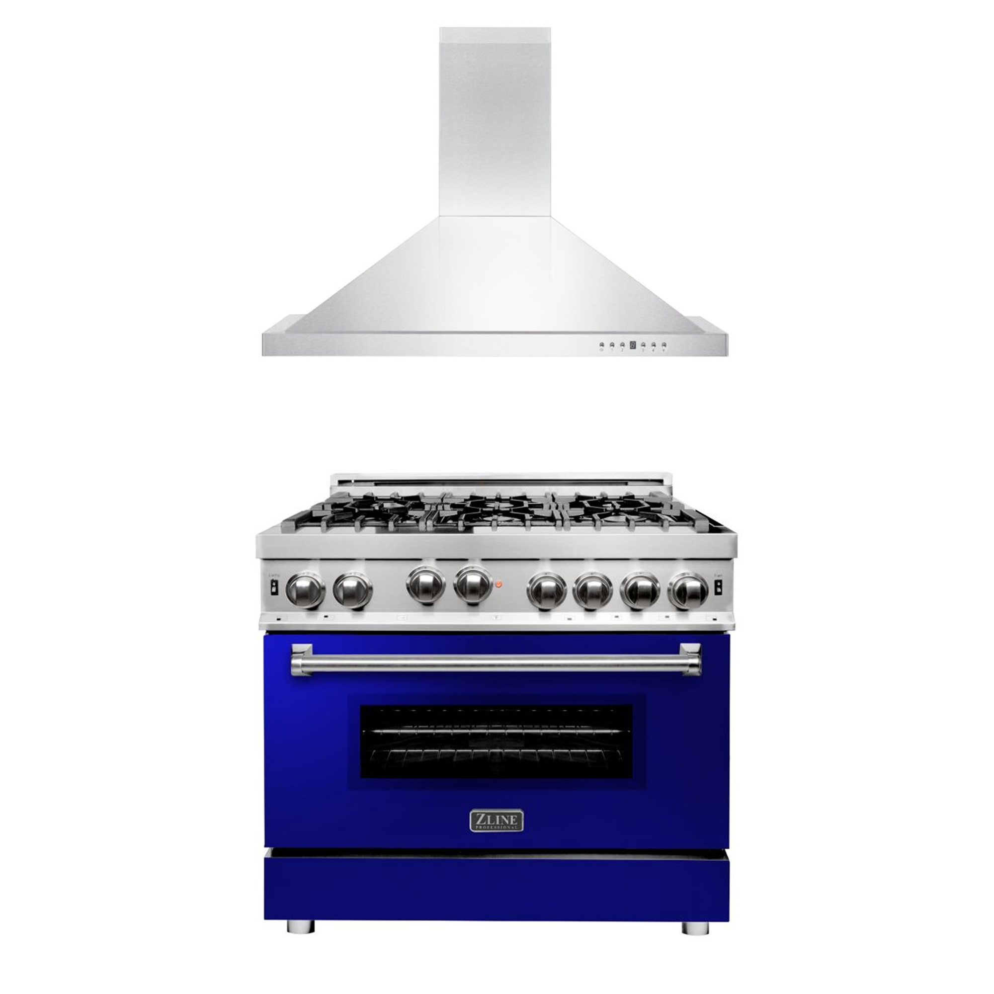 ZLINE 36 in. Kitchen Package with Stainless Steel Gas Range with Blue Gloss Door and Convertible Vent Range Hood (2KP-RGBGRH36)