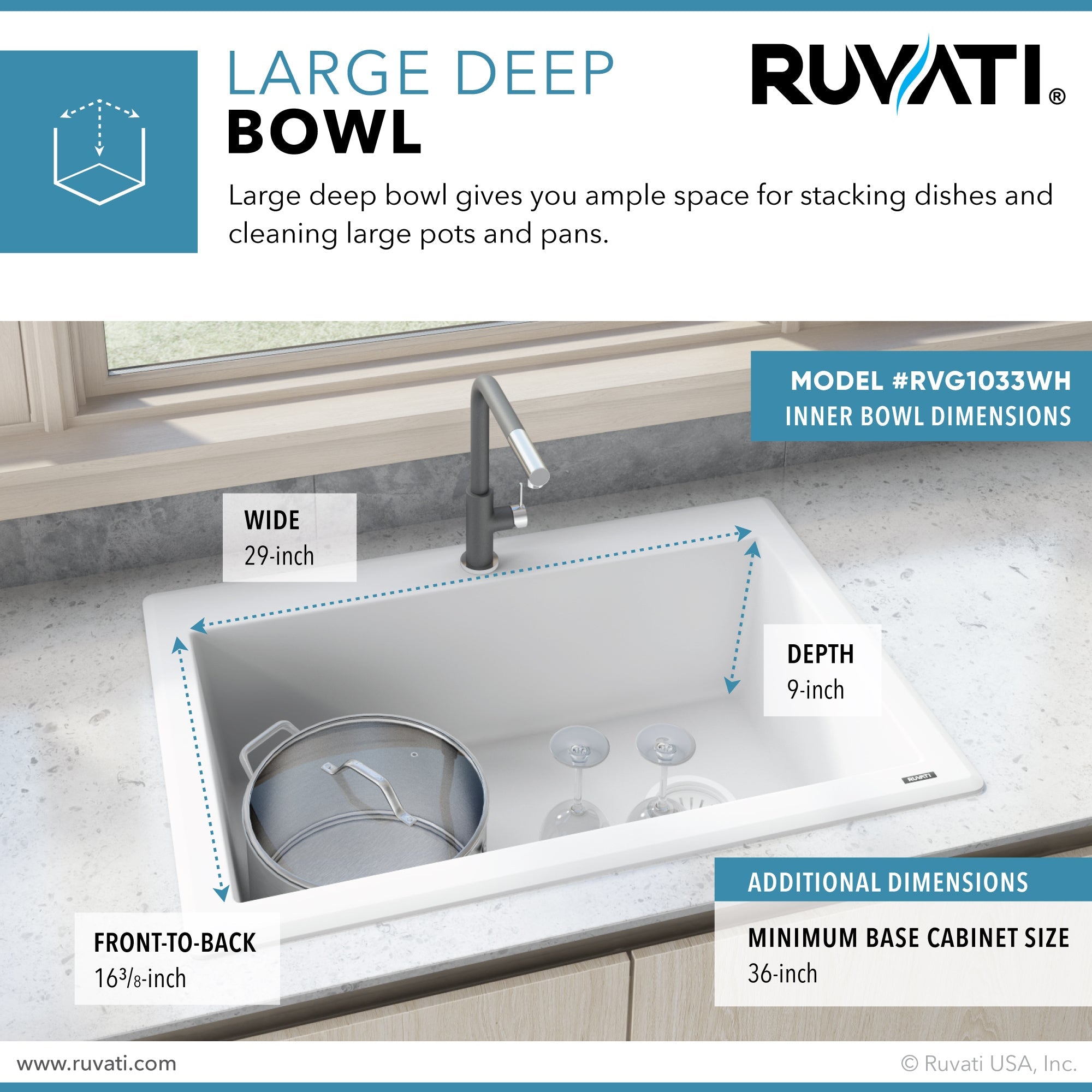 33 x 22 inch Drop-in Topmount Granite Composite Single Bowl Kitchen Sink