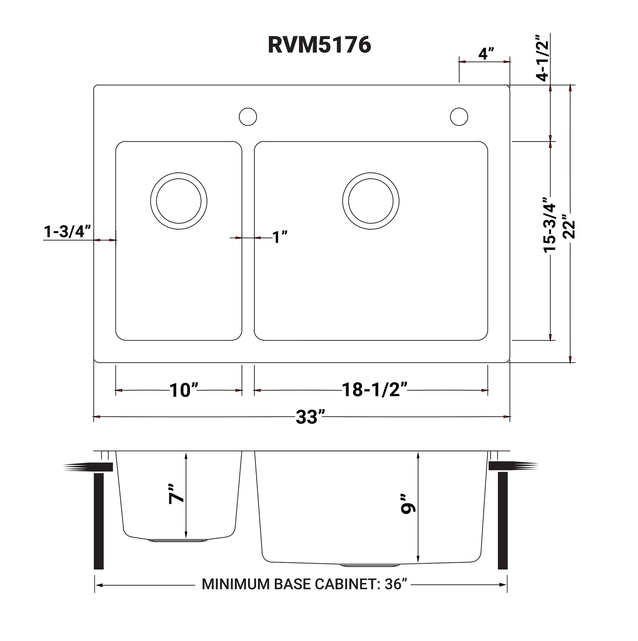 33 x 22 inch Drop-in Topmount Kitchen Sink 16 Gauge Stainless Steel Double Bowl