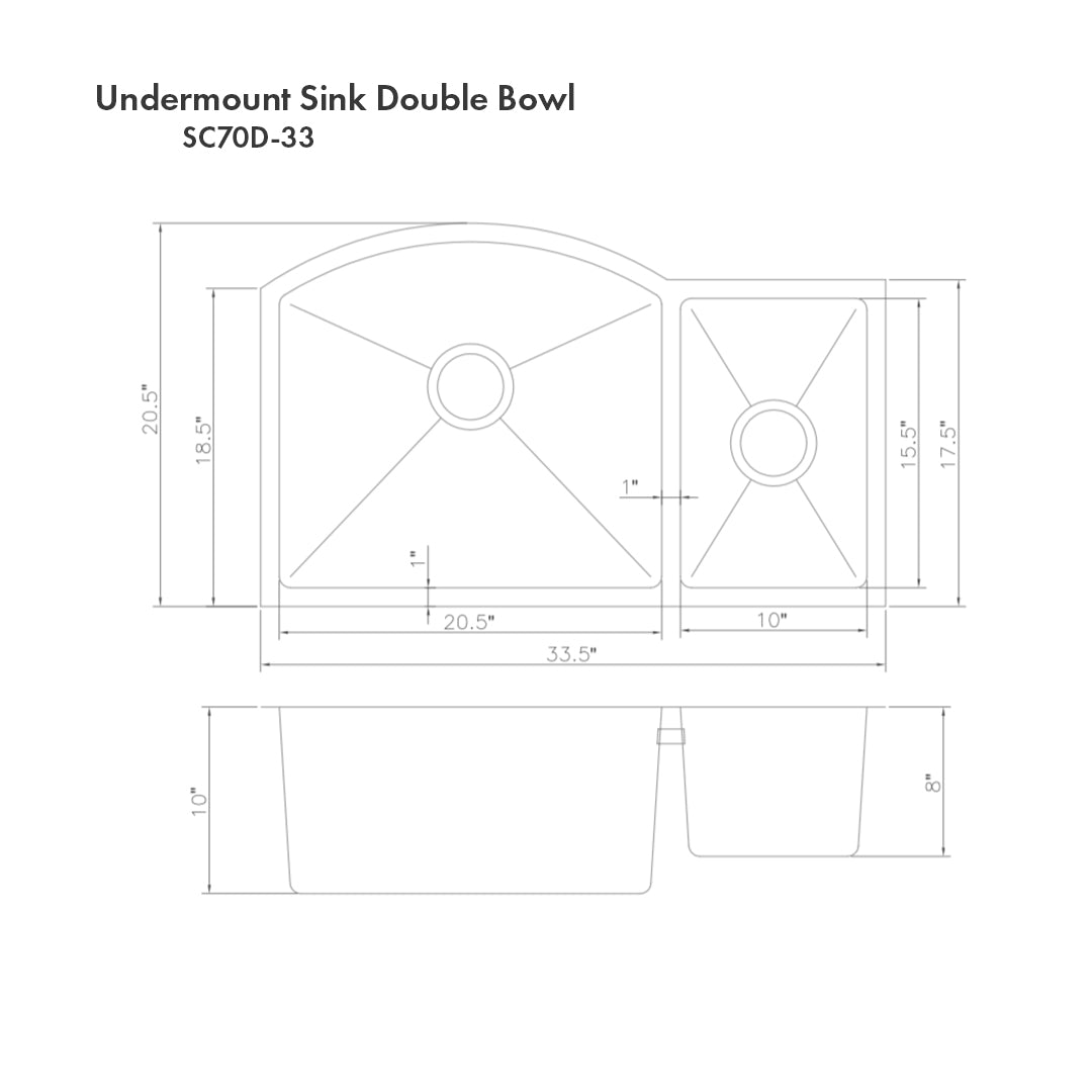 ZLINE 33 In. Under Mount Sink in Stainless Steel (Double Bowl) (SC70D-33)